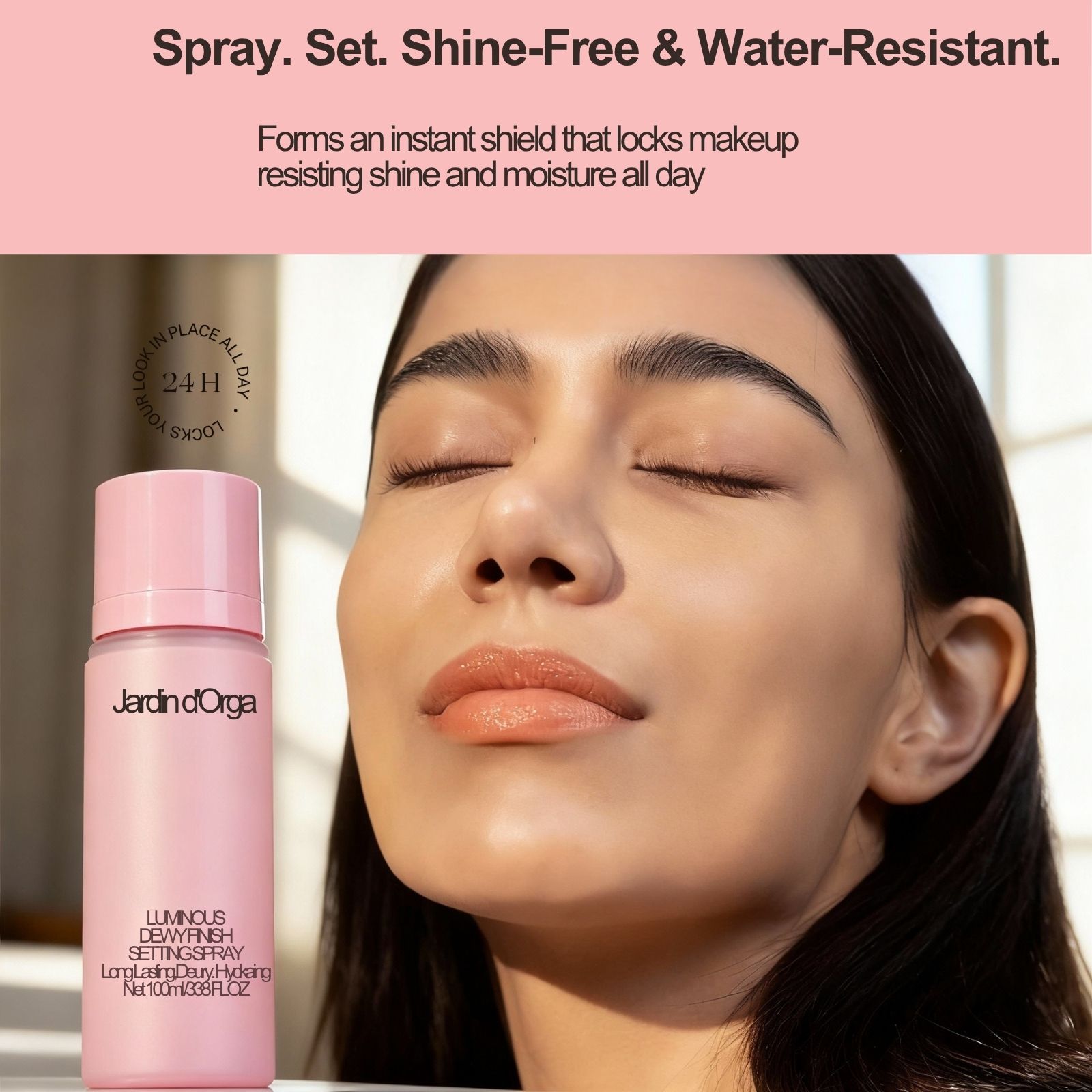 Jardin d'Orga 100ml Long-Lasting Setting Spray with Tray Packaging - 16H Waterproof & Sweatproof Makeup Fixer, Soothing Rose Water & Aloe, Alcohol-Free for All Skin Types