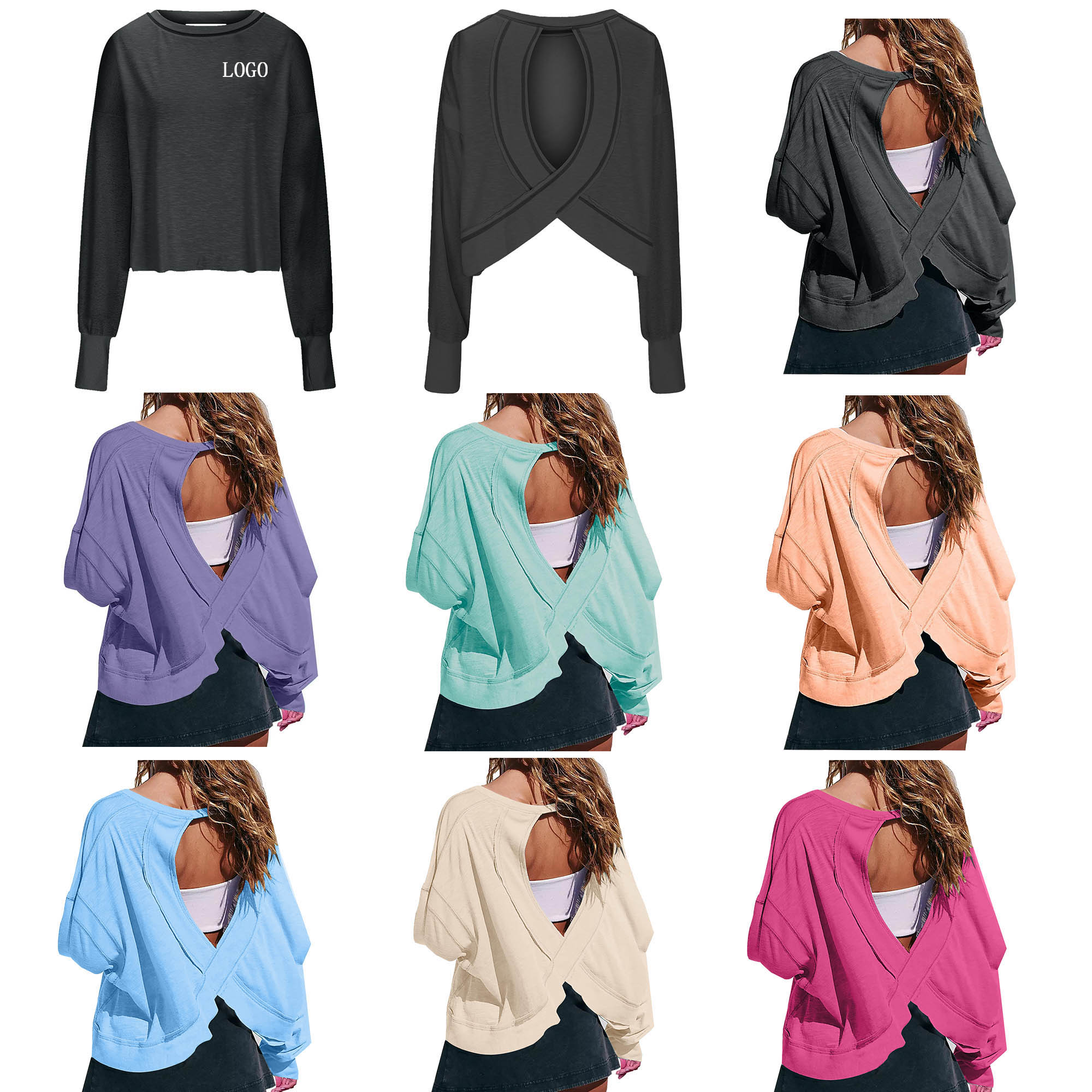 Women's Loose Long Sleeve Open Back T-shirt