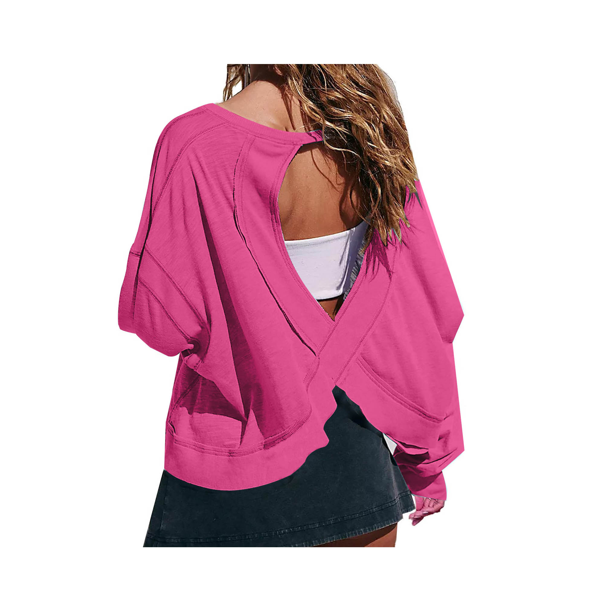 Women's Loose Long Sleeve Open Back T-shirt