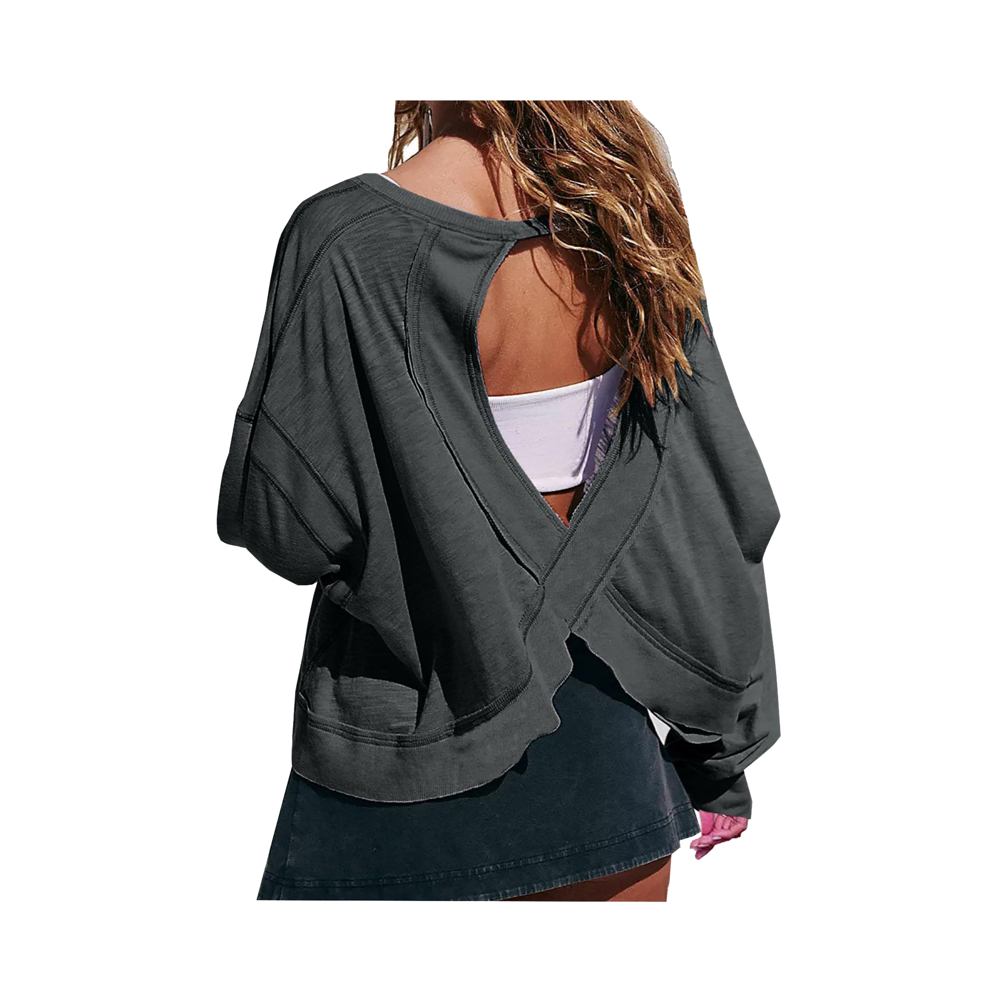 Women's Loose Long Sleeve Open Back T-shirt