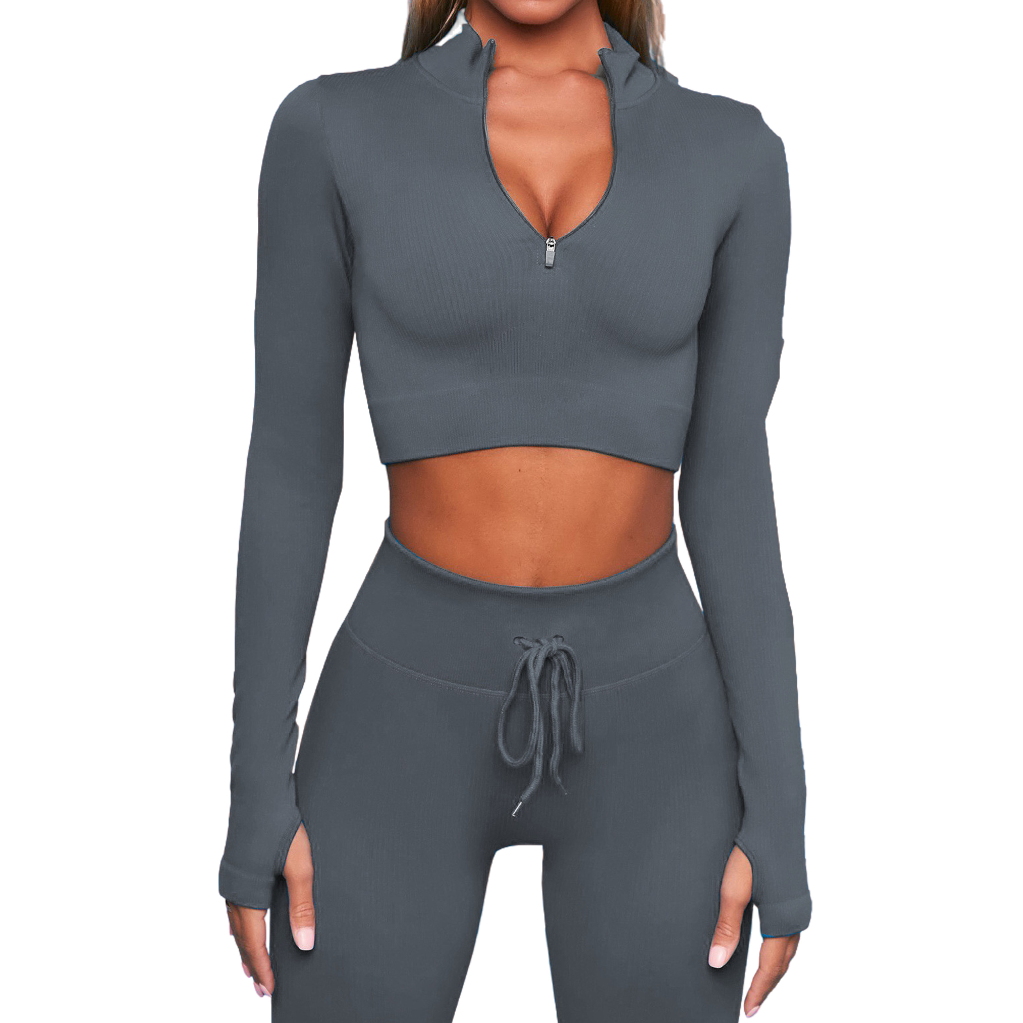 Two Piece Yoga Outfits Long Sleeve High Waist Leggings 