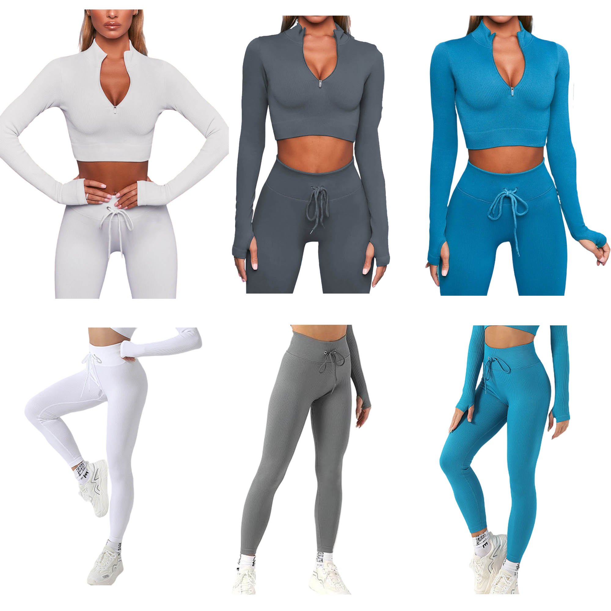 Two Piece Yoga Outfits Long Sleeve High Waist Leggings 