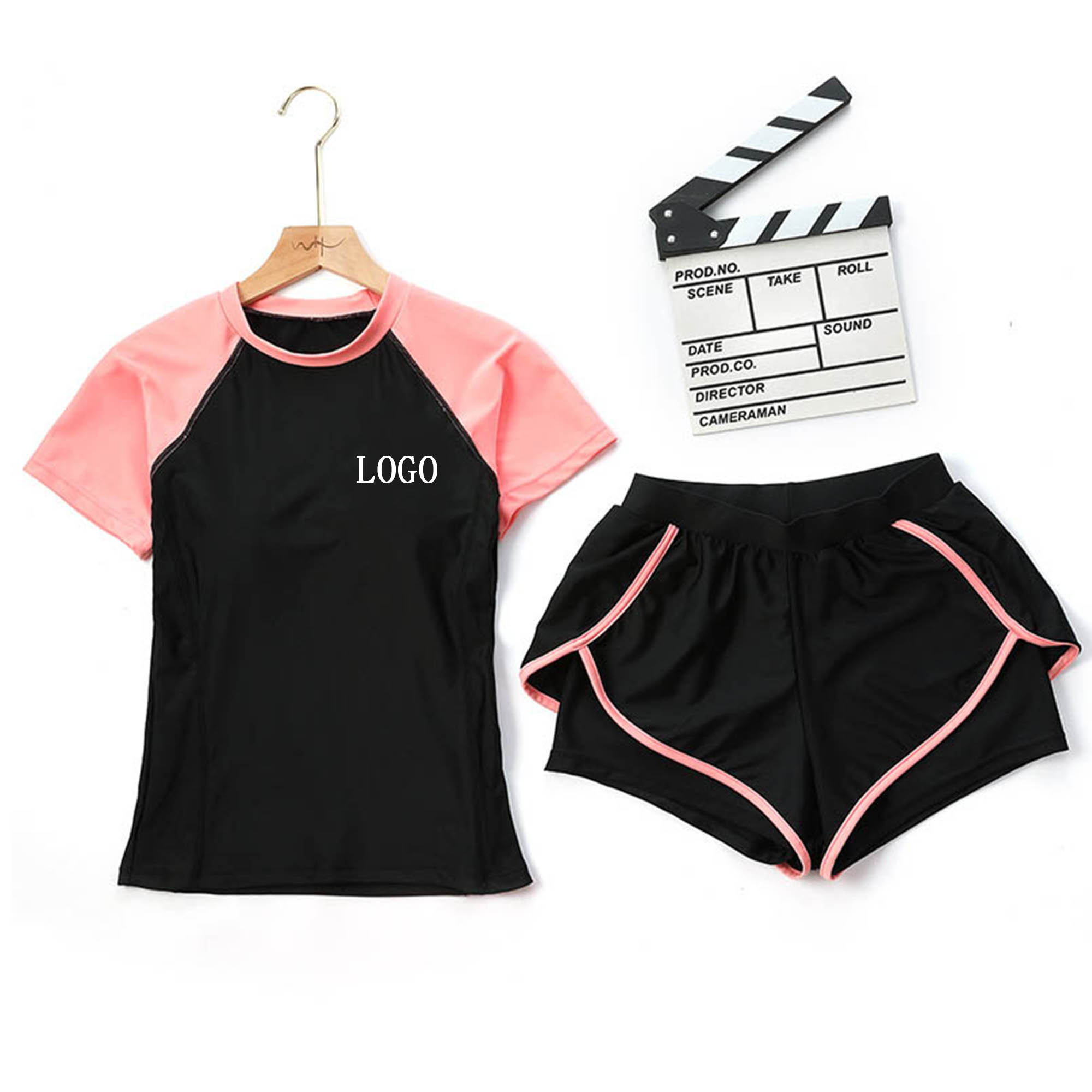 Women's Two Piece Built In Bra Swimsuit Rash Guard Swim Shirts 