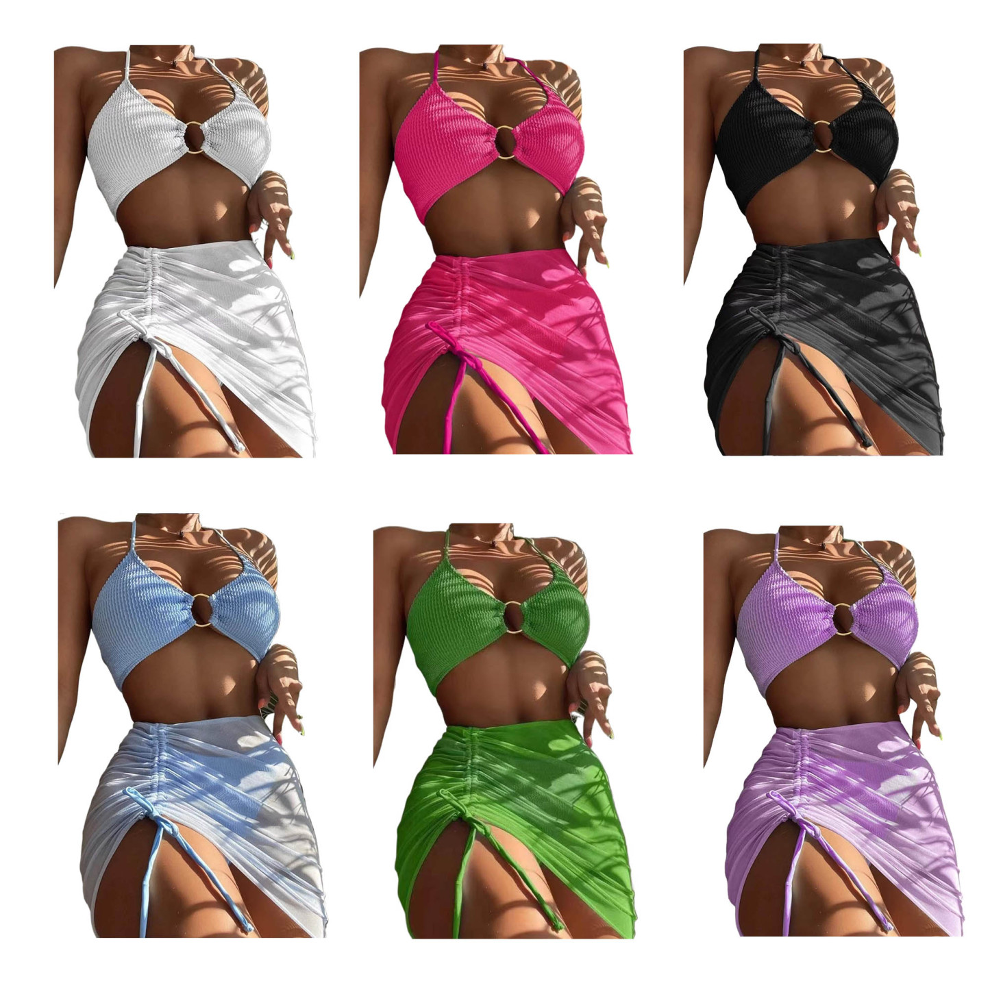 Women's 3 Piece Bathing Suits Halter Ring Bikini Set With Cover Up Skirts 