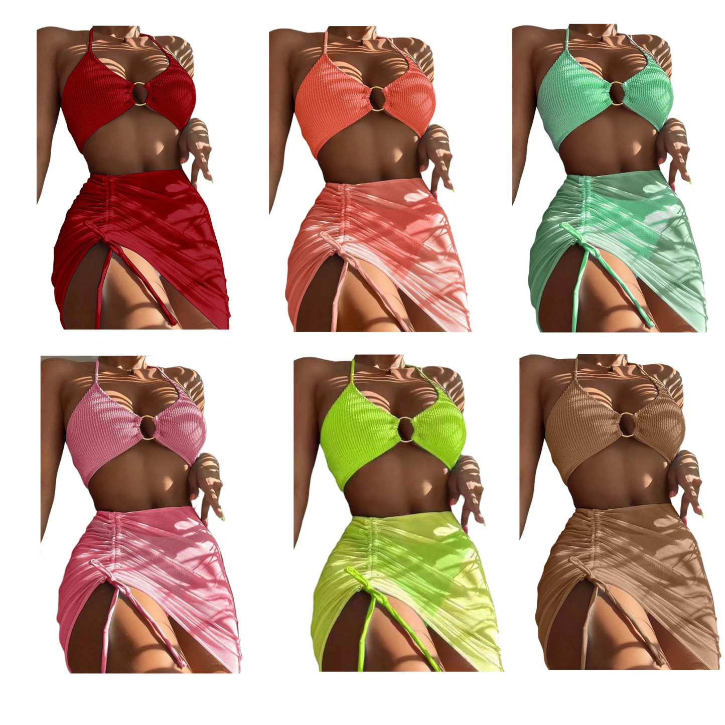 Women's 3 Piece Bathing Suits Halter Ring Bikini Set With Cover Up Skirts 