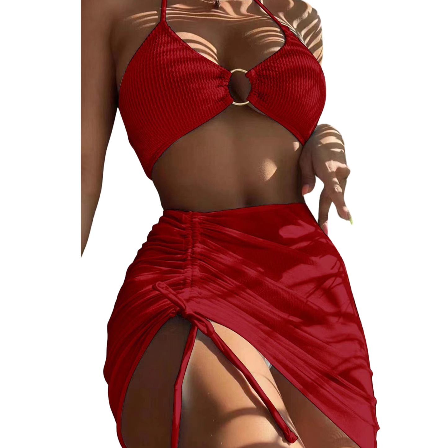 Women's 3 Piece Bathing Suits Halter Ring Bikini Set With Cover Up Skirts 