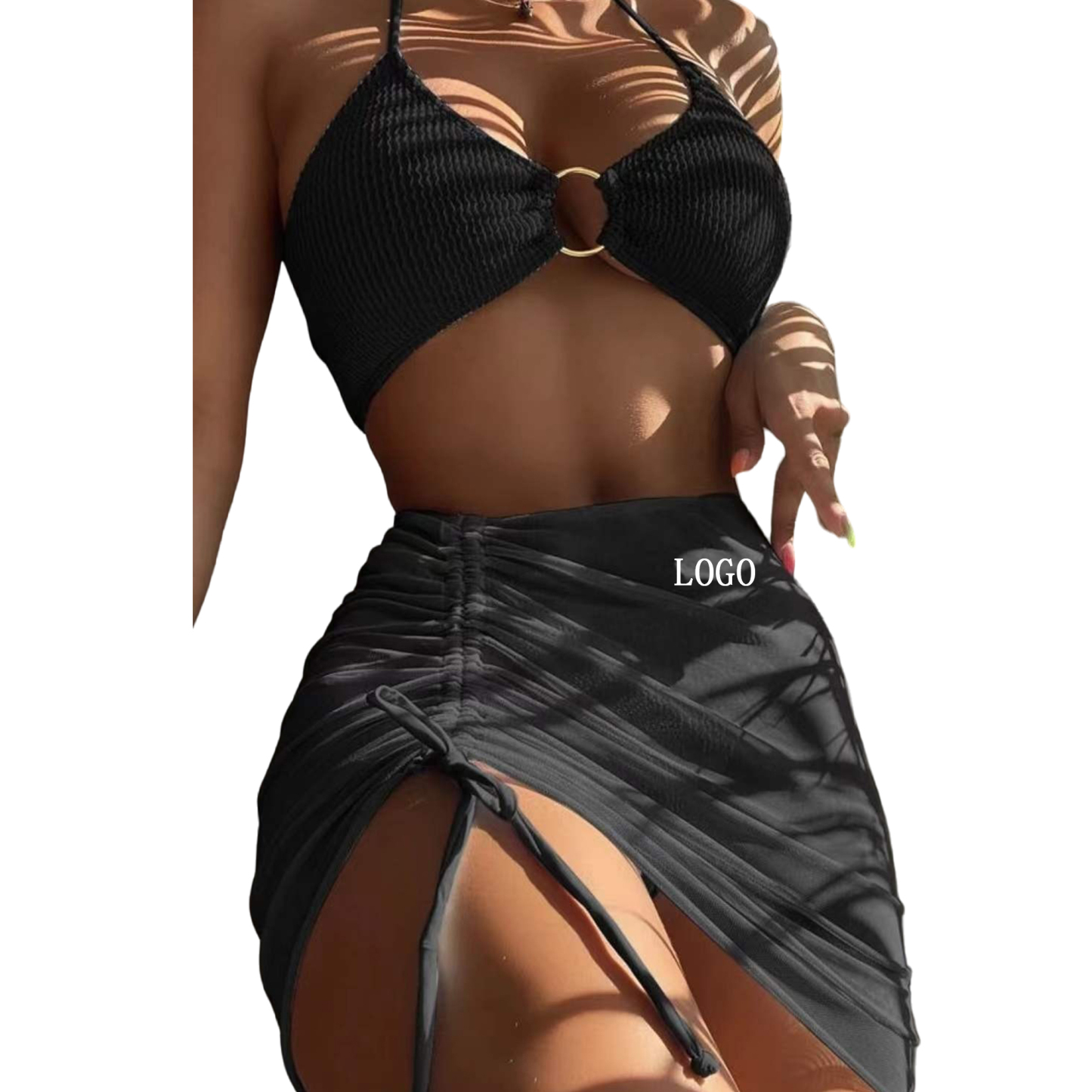 Women's 3 Piece Bathing Suits Halter Ring Bikini Set With Cover Up Skirts 