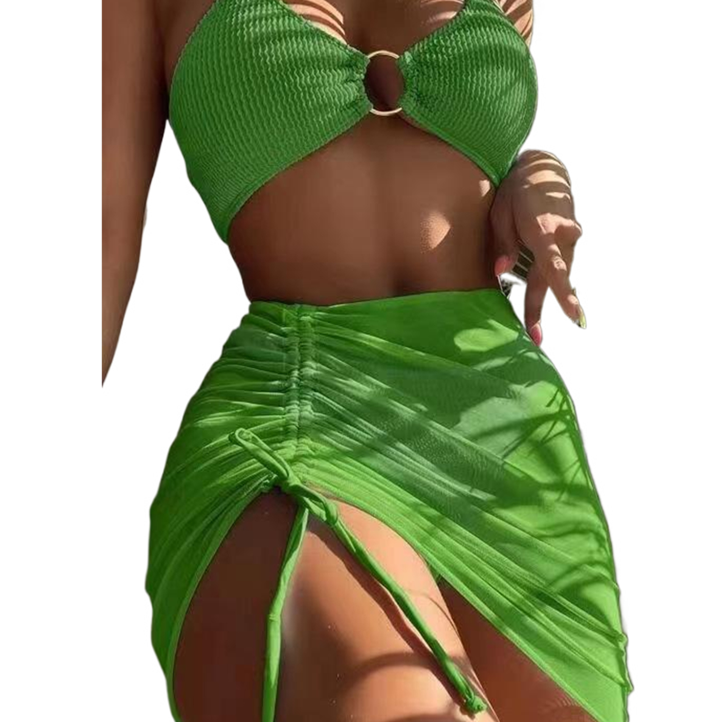 Women's 3 Piece Bathing Suits Halter Ring Bikini Set With Cover Up Skirts 