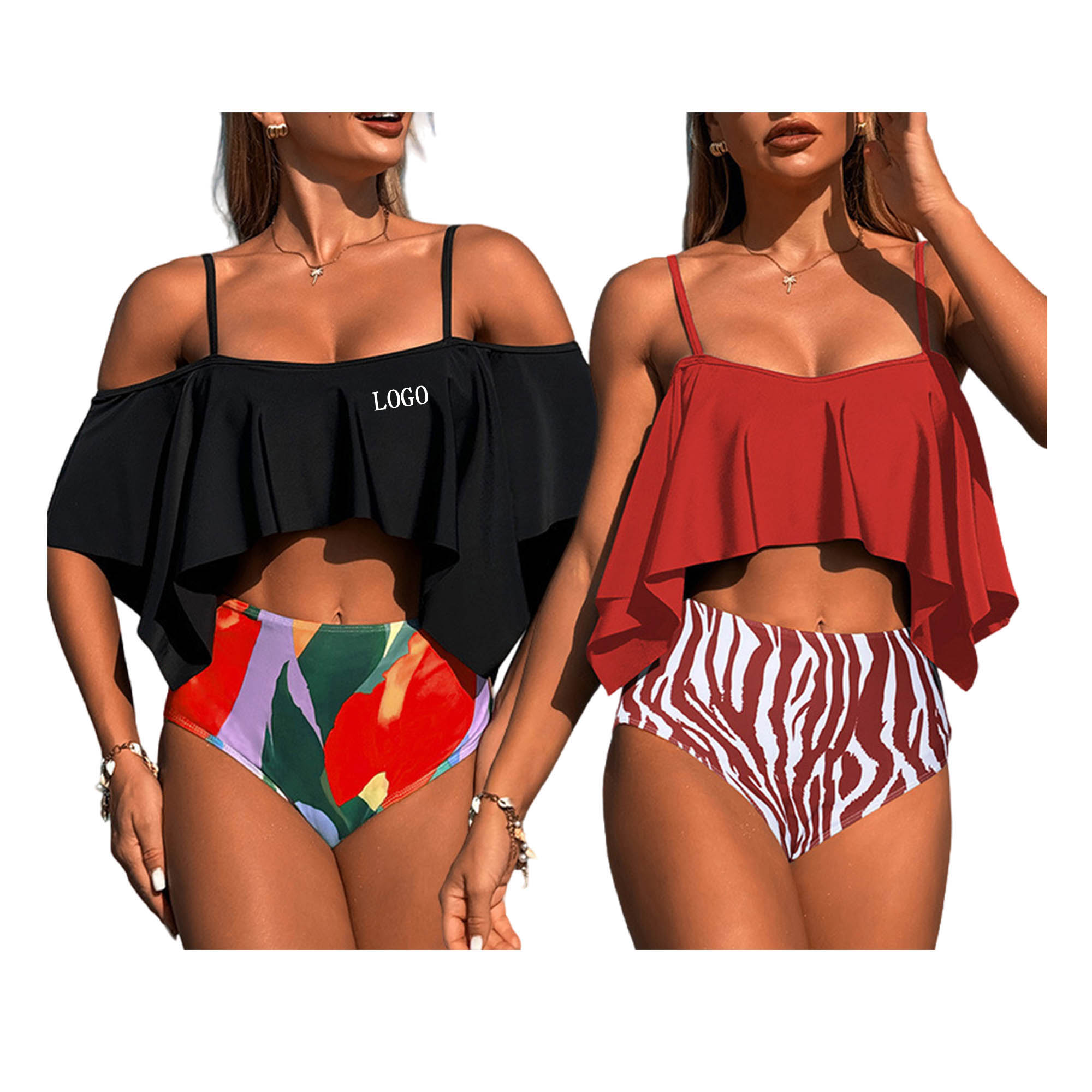 Two Piece Lotus Leaf Edge High Waist Swimsuit