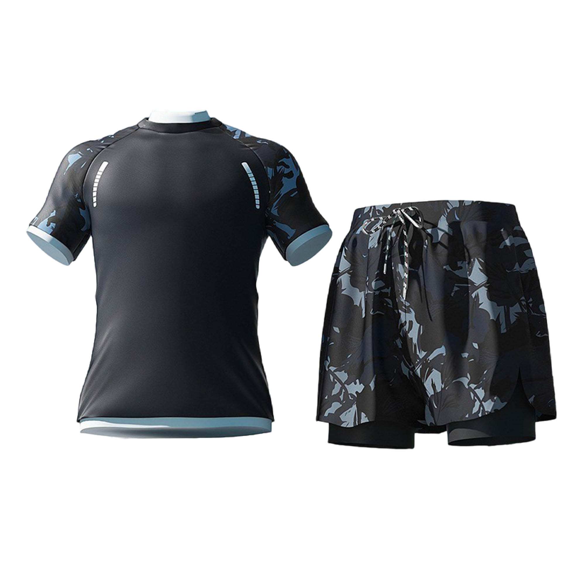 Men's 2 Piece Rash Guard Short Sleeve Swim Shirt Shorts