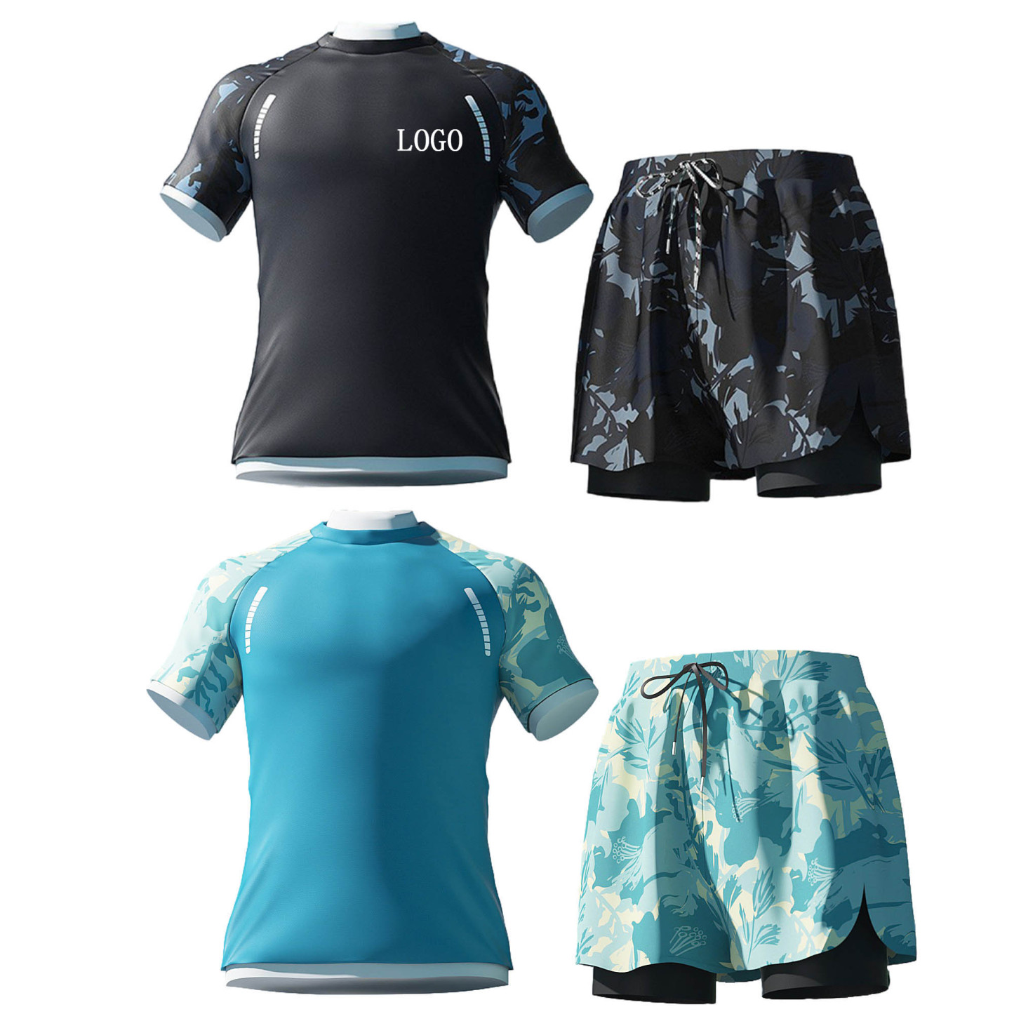 Men's 2 Piece Rash Guard Short Sleeve Swim Shirt Shorts