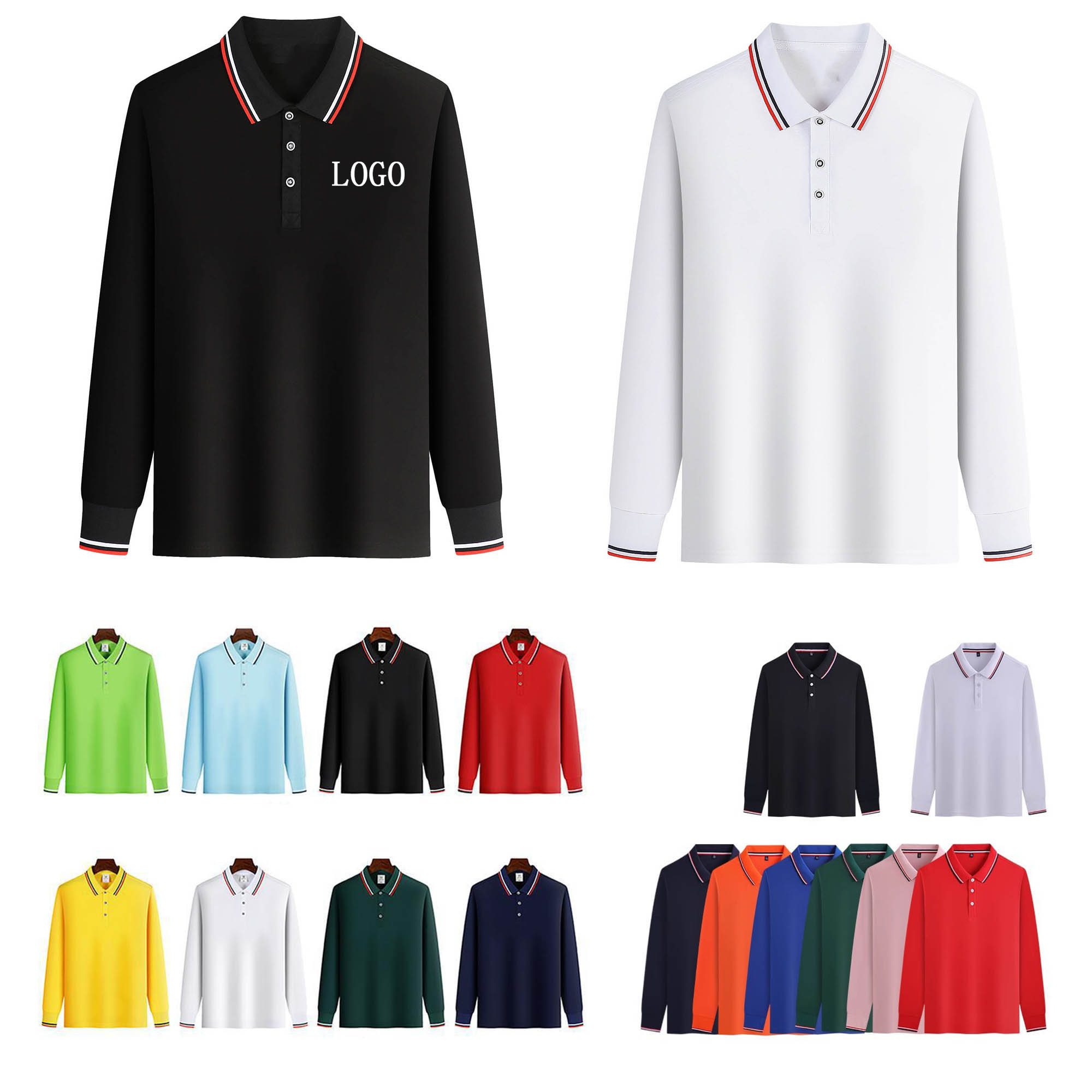 Solid Color Polo Shirts With Striped Cuffs And Necklines