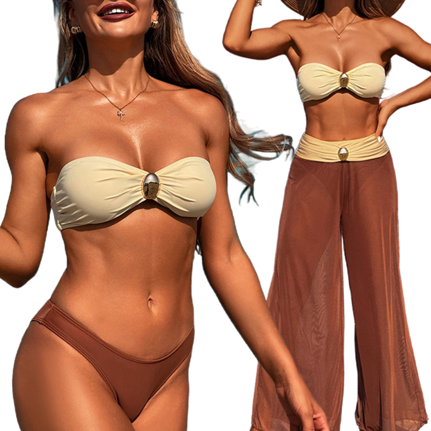 Women's 3 Piece Bikini Set With Beach Cover Up Mesh Pants