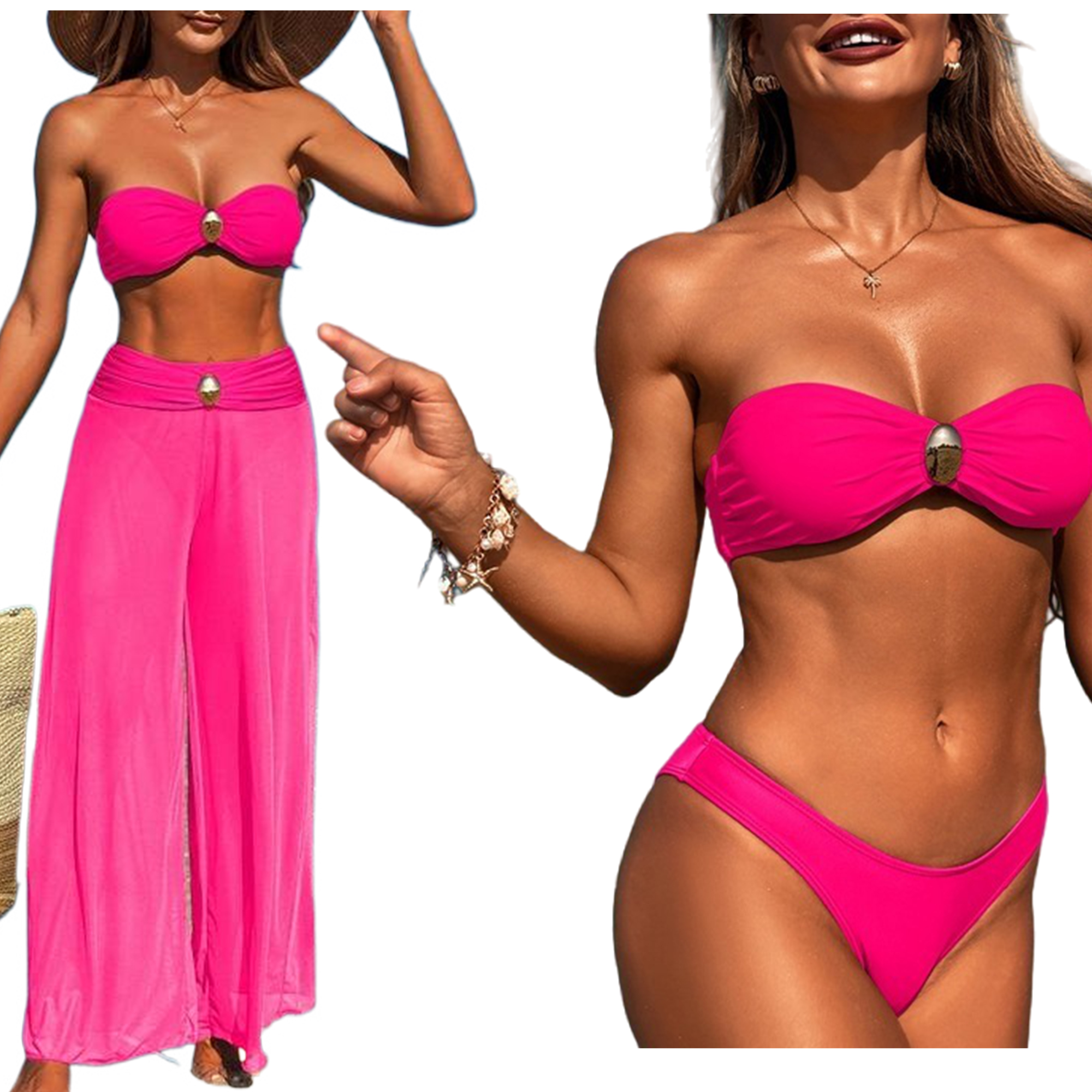 Women's 3 Piece Bikini Set With Beach Cover Up Mesh Pants