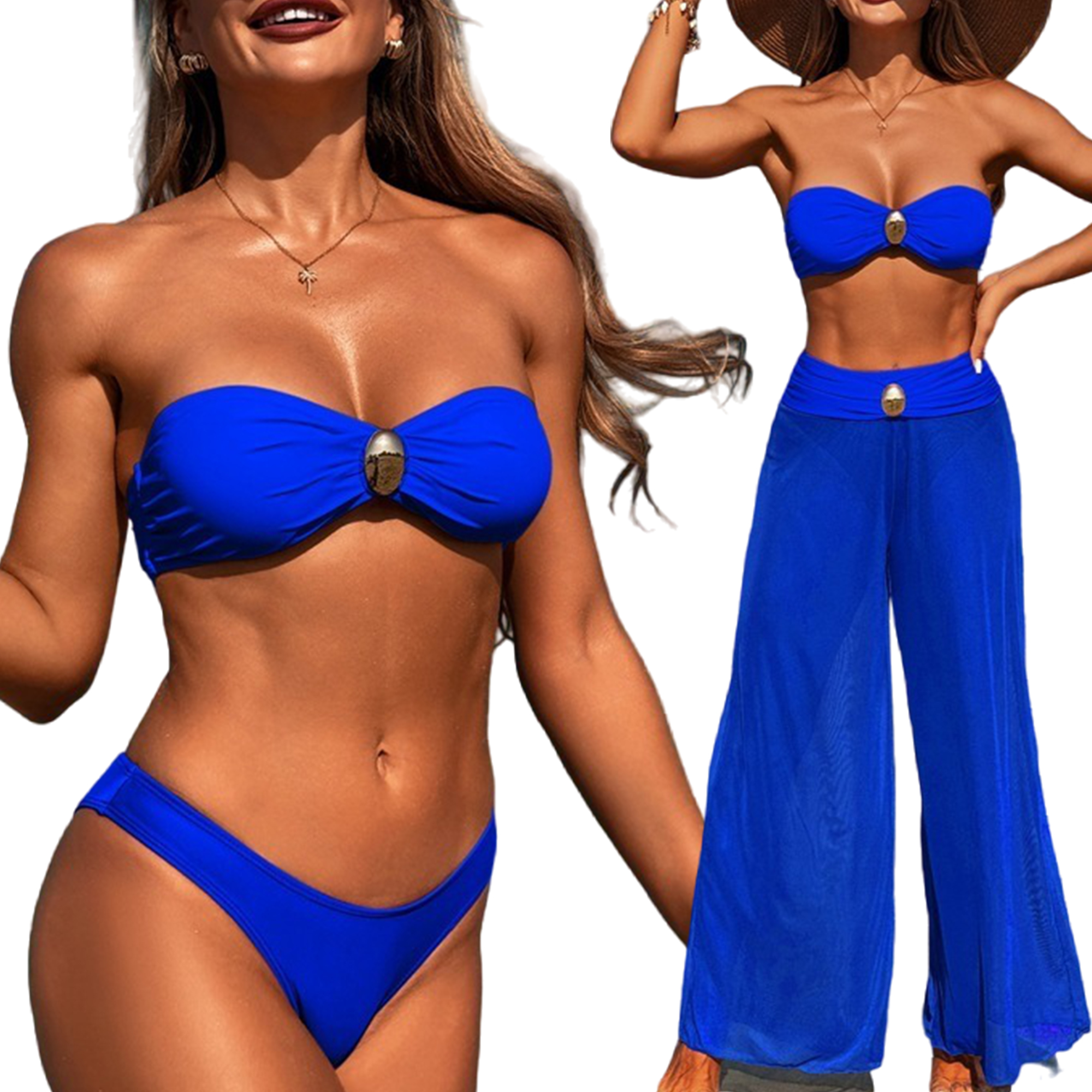 Women's 3 Piece Bikini Set With Beach Cover Up Mesh Pants