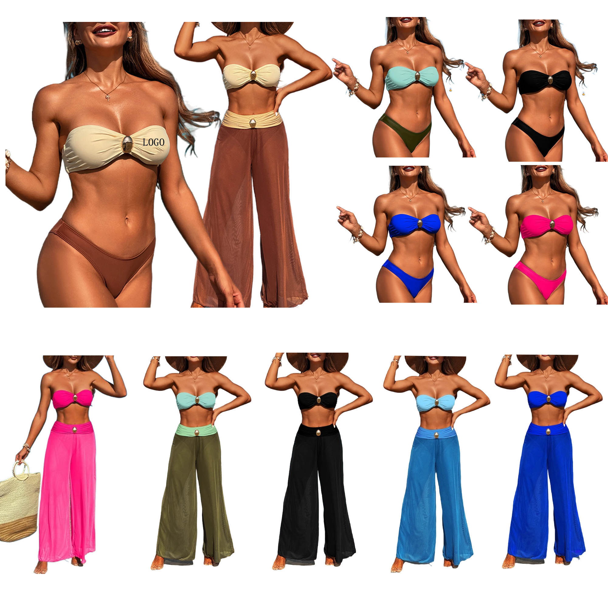 Women's 3 Piece Bikini Set With Beach Cover Up Mesh Pants