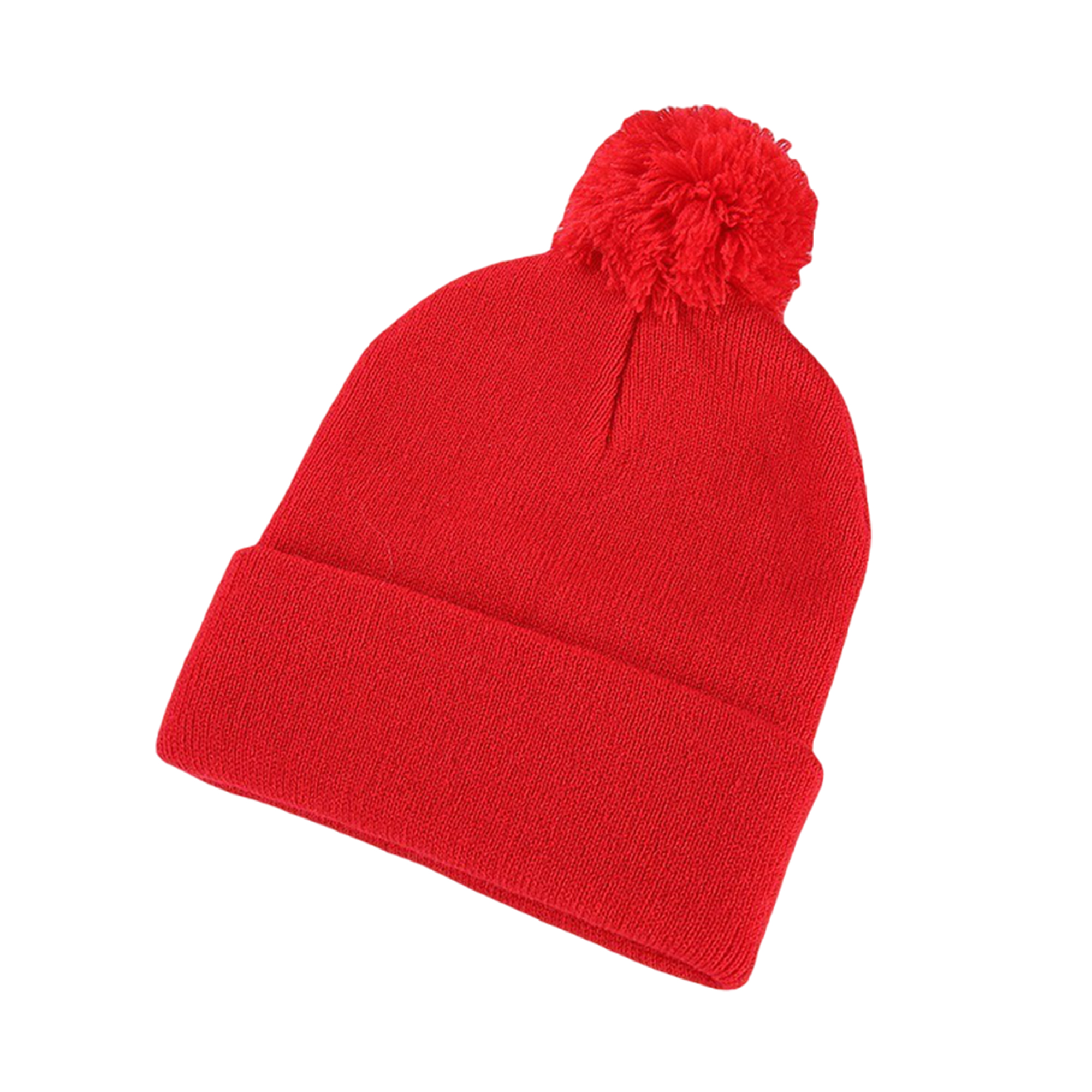 Acrylic Knit Beanie With Cuff And Pompom