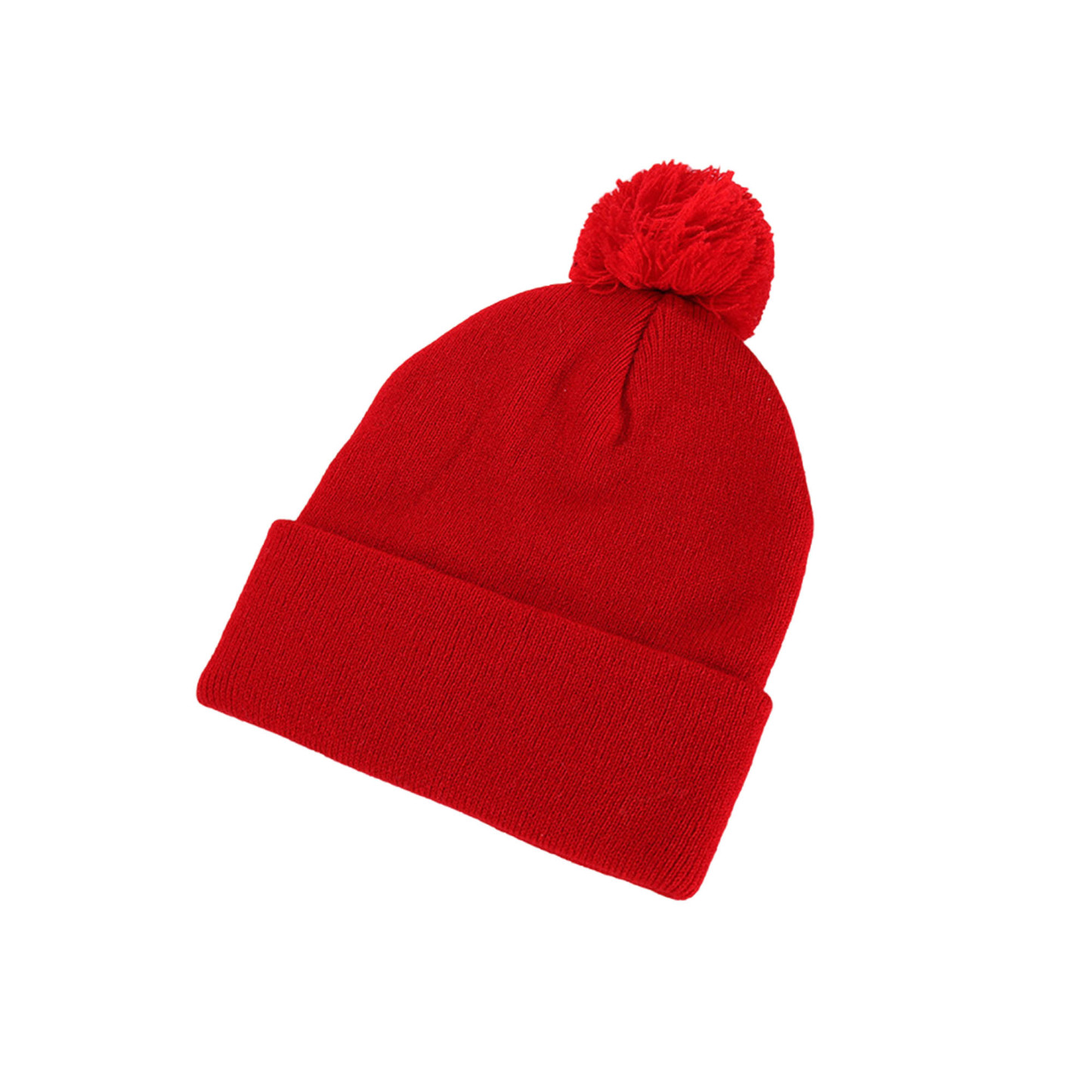 Acrylic Knit Beanie With Cuff And Pompom