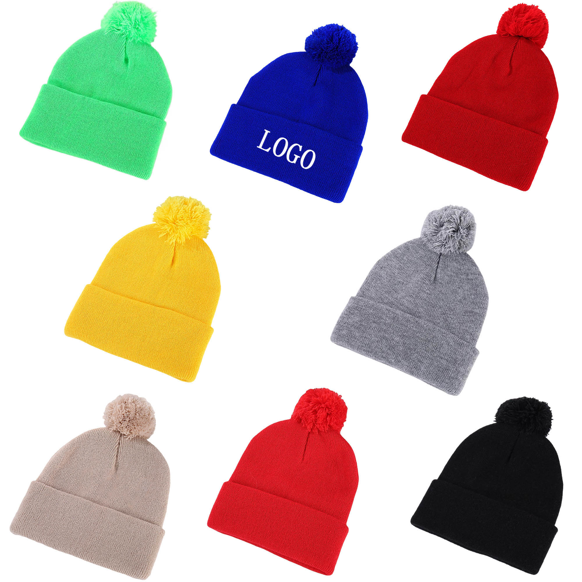 Acrylic Knit Beanie With Cuff And Pompom