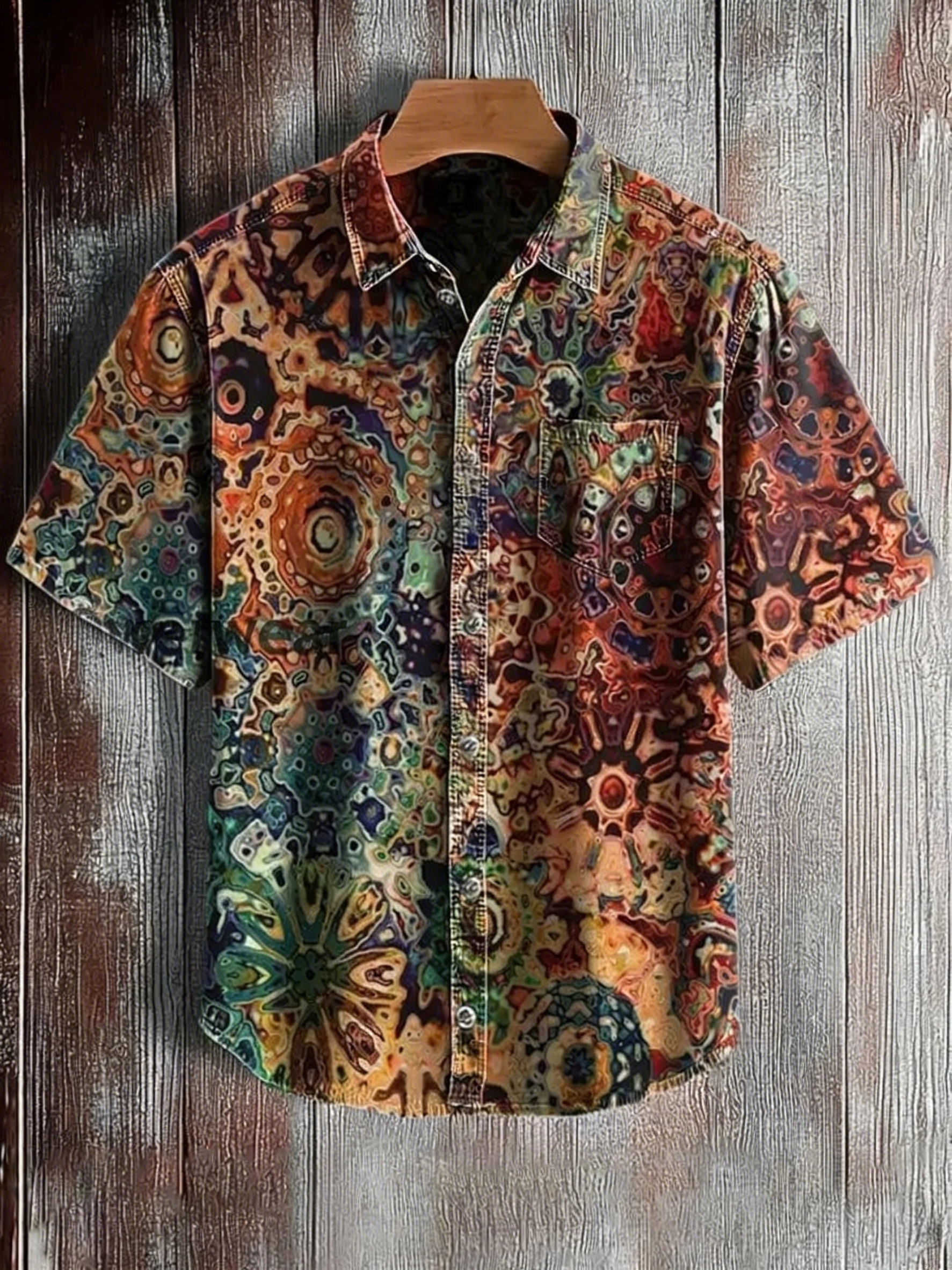Men's Retro Abstract Art Print Short Sleeve Pocket Shirt