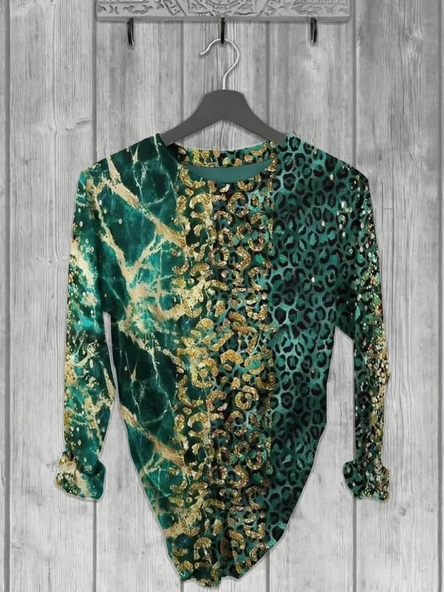 Women's Marble Leopard Patchwork Abstract Print Irregular Top