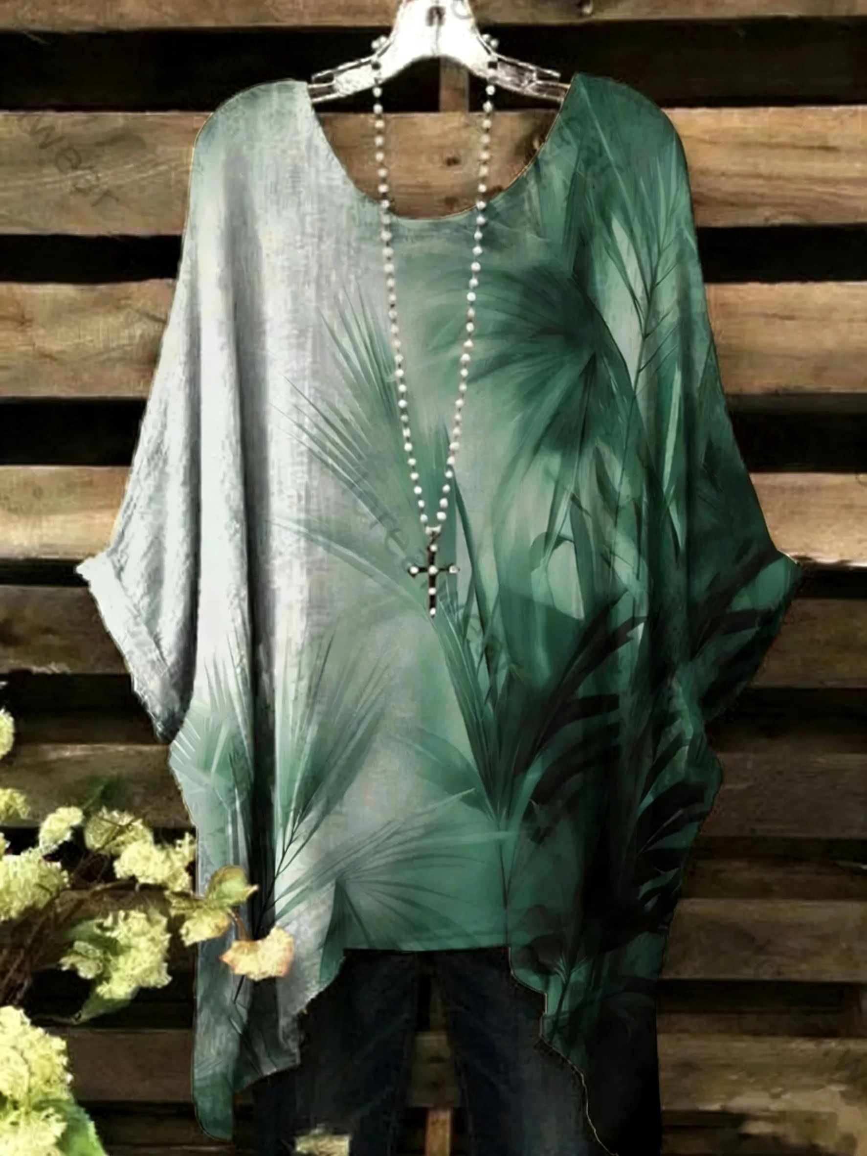 Women's Color-Blocked Leaf-Print Crew-Neck Top