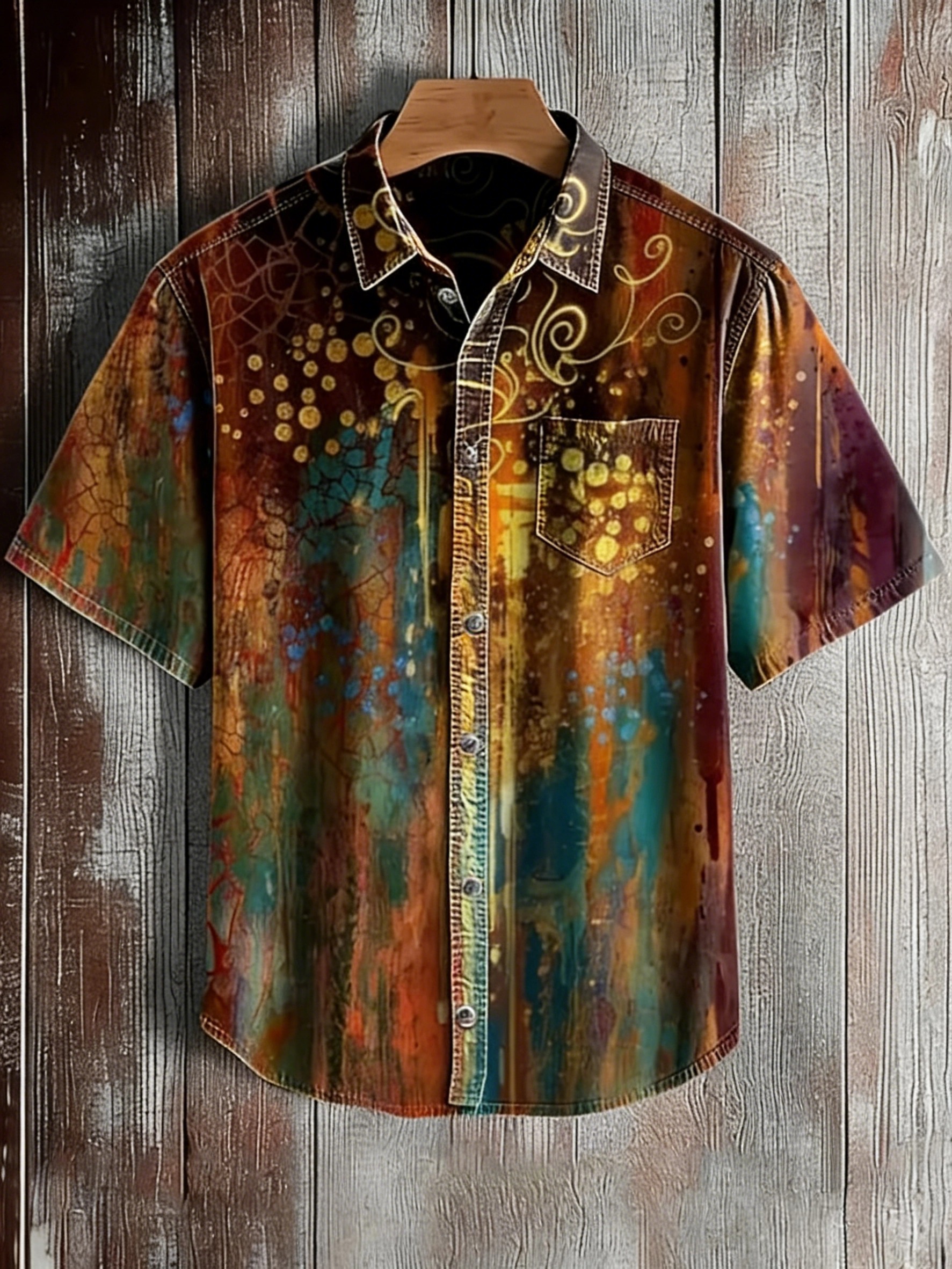 Men's Retro Abstract Art Print Short Sleeve Pocket Shirt