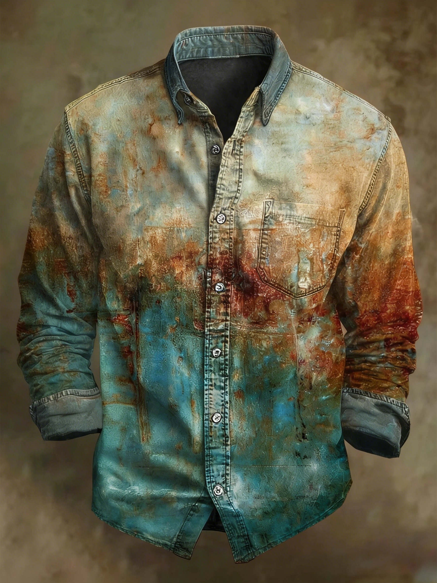 Vintage Distressed Color Clash Printed Casual Long Sleeve Shirt