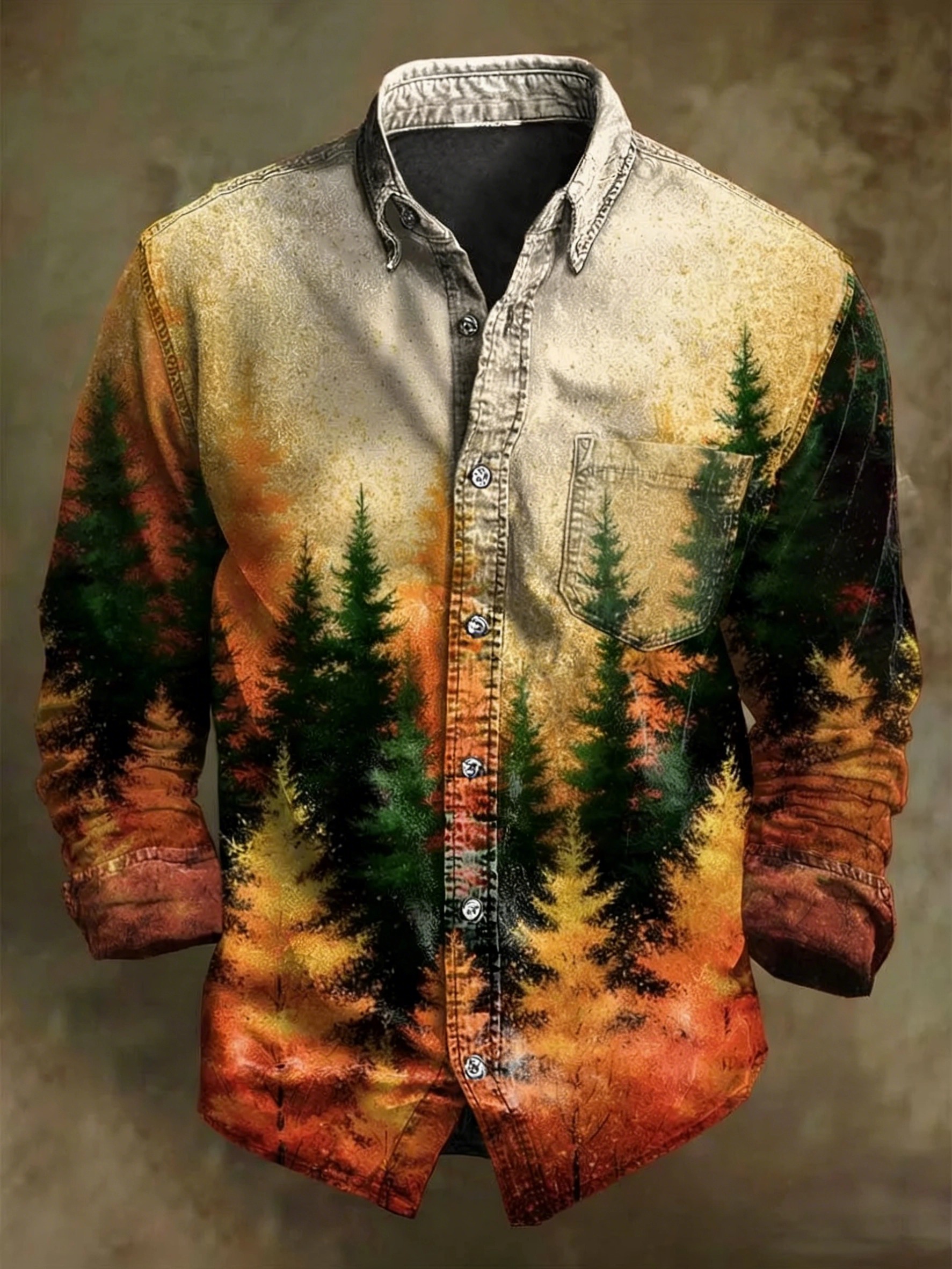Fall Forest Print Casual Long-Sleeve Shirt