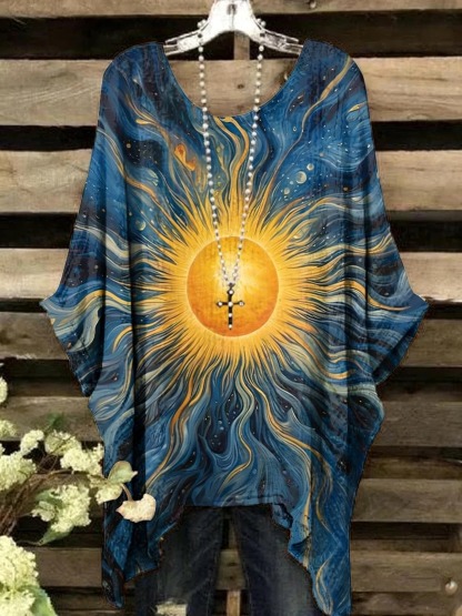 Women's Vintage Sun Abstract Pattern Crew Neck Top