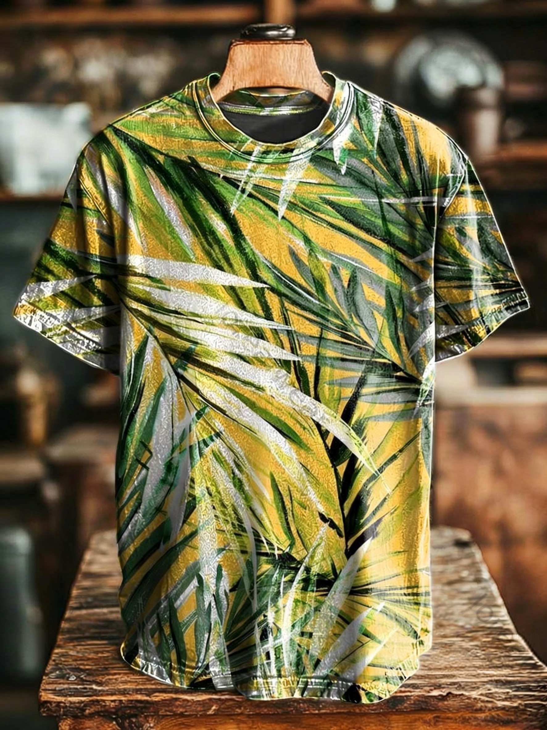 Oil Painting Palm Leaf Print Casual Short-Sleeve T-Shirt