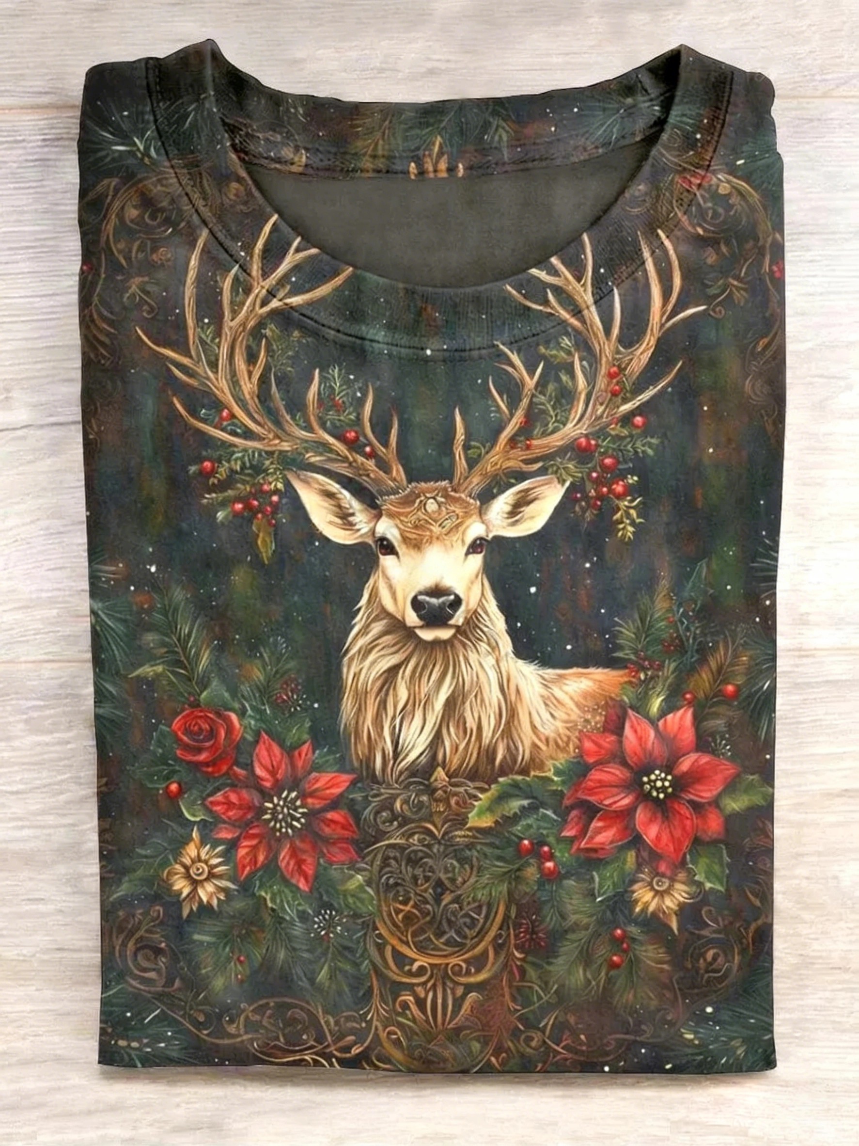 Unisex Christmas Floral Reindeer Print Casual T-Shirt