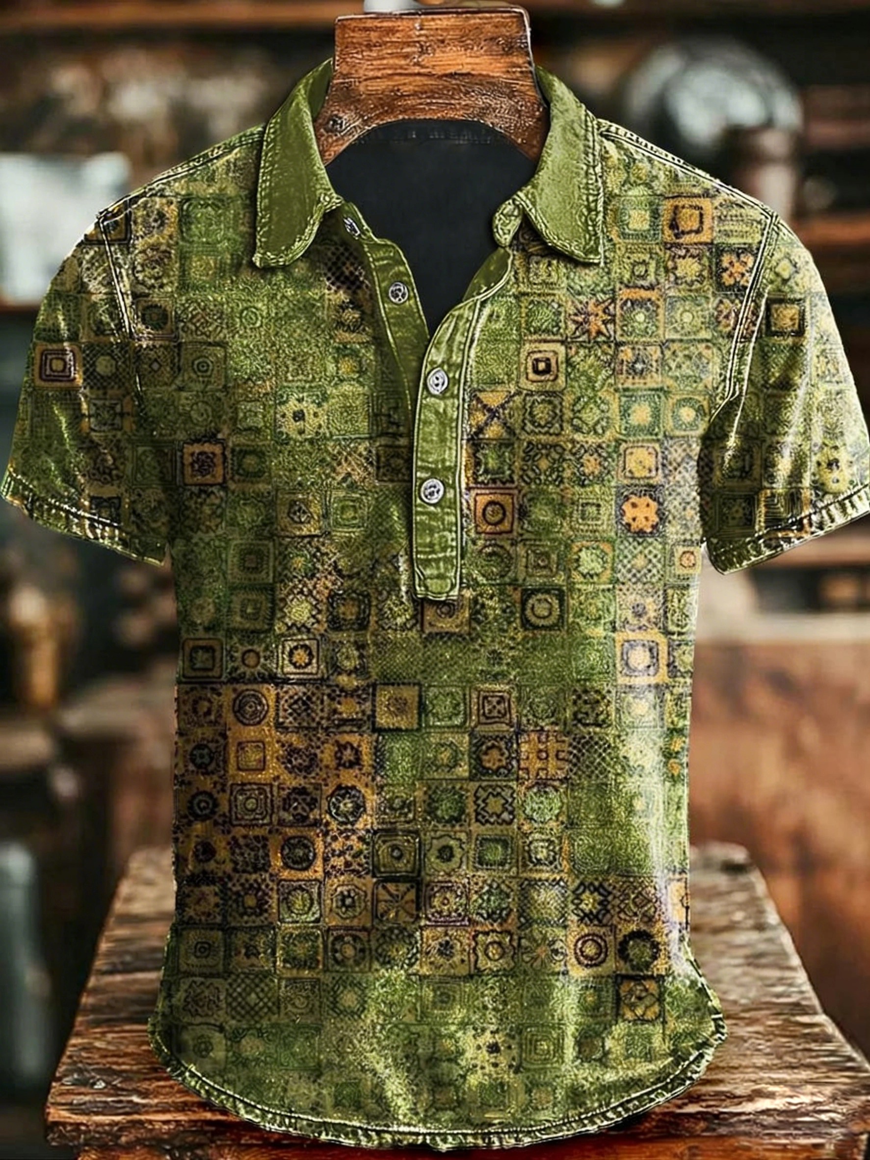 Vintage Art Abstract Plaid Print Casual Polo Shirt