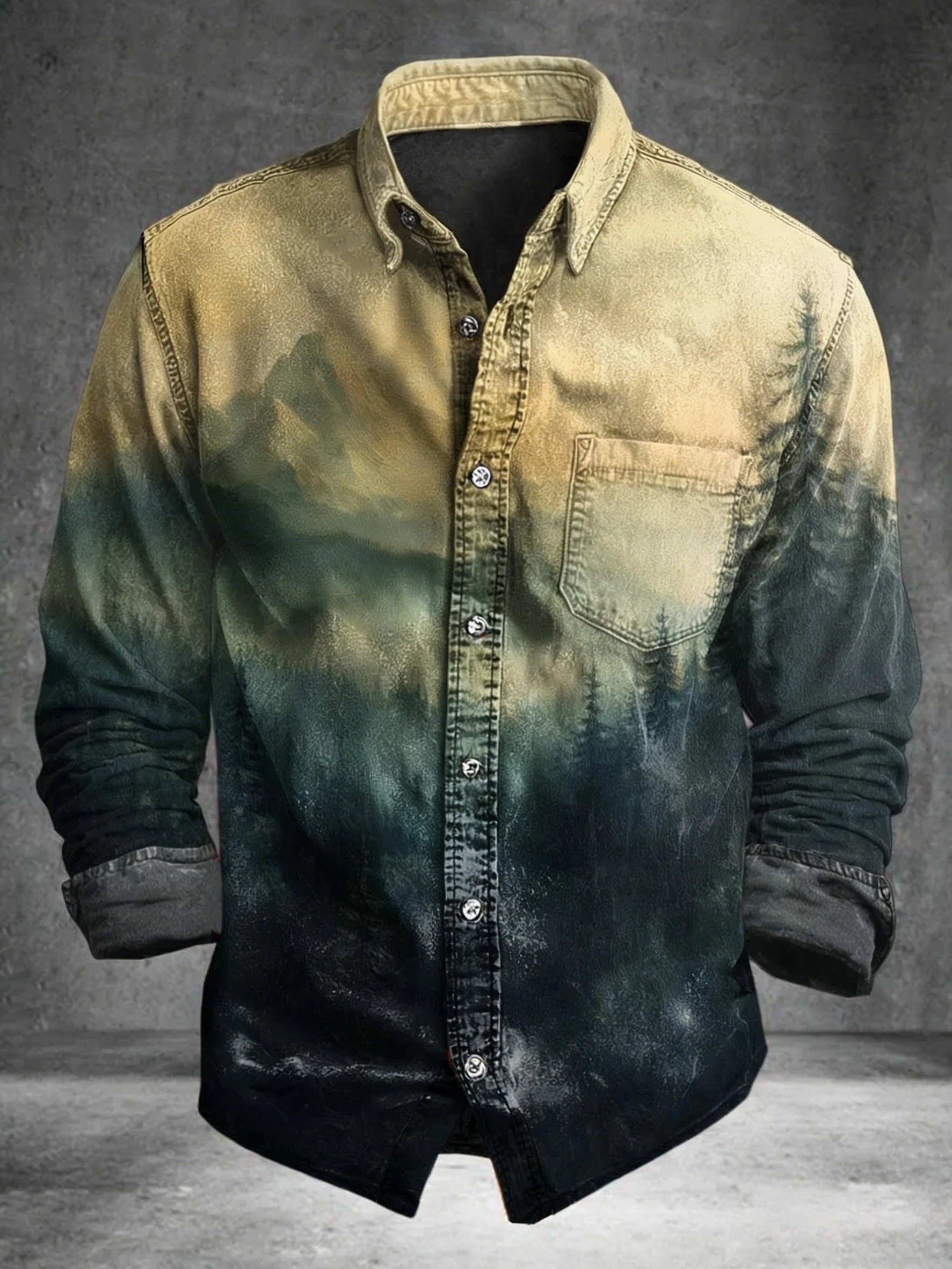 Men's Casual Cotton Shirt with Mountain and Forest Print