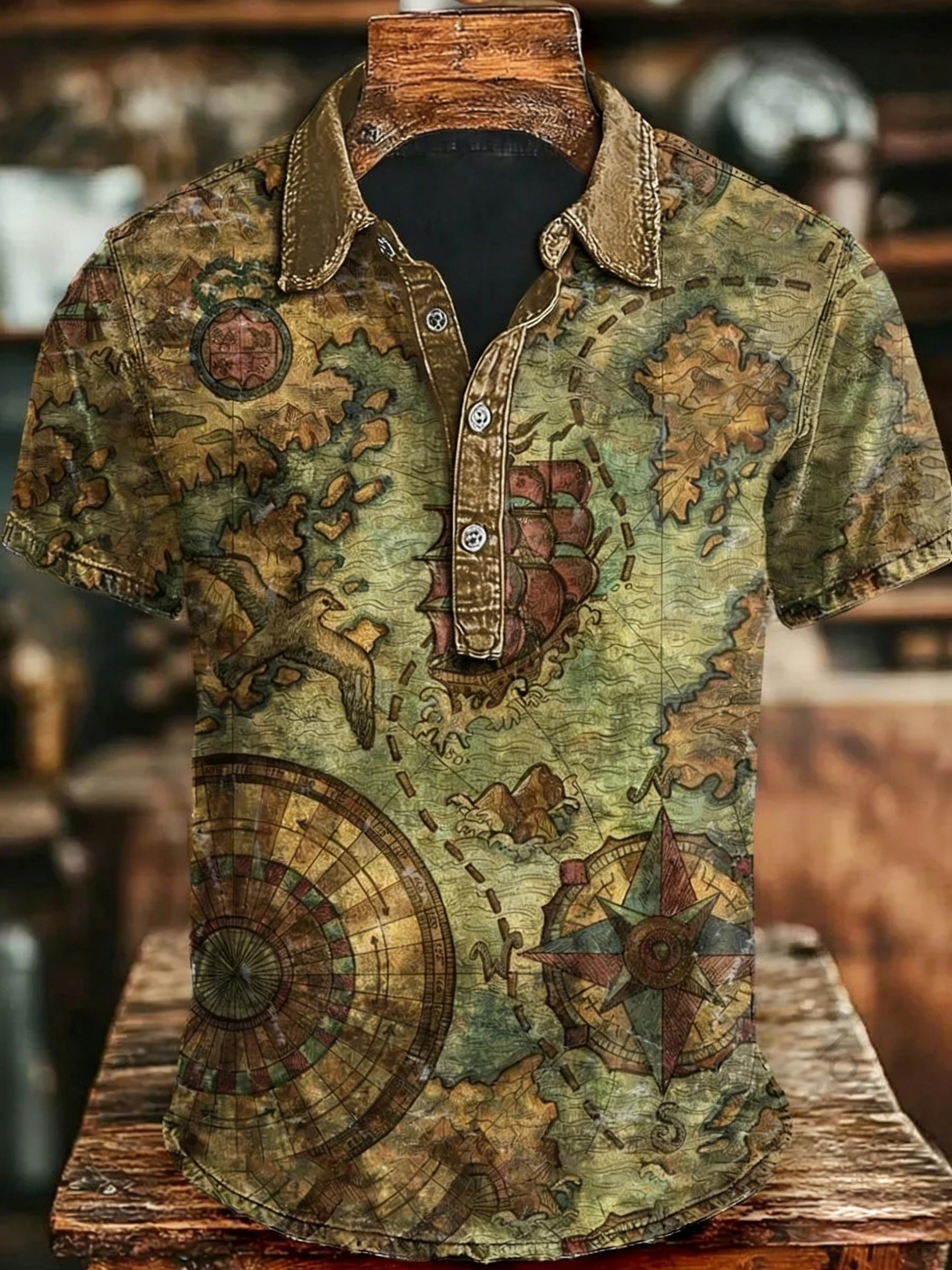 Vintage Nautical Map Print Casual Short Sleeve Polo Shirt