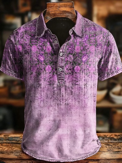 Retro Ethnic Gradient Art Print Casaul Short SLeeve Polo Shirt