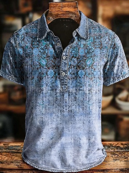 Retro Ethnic Gradient Art Print Casaul Short SLeeve Polo Shirt