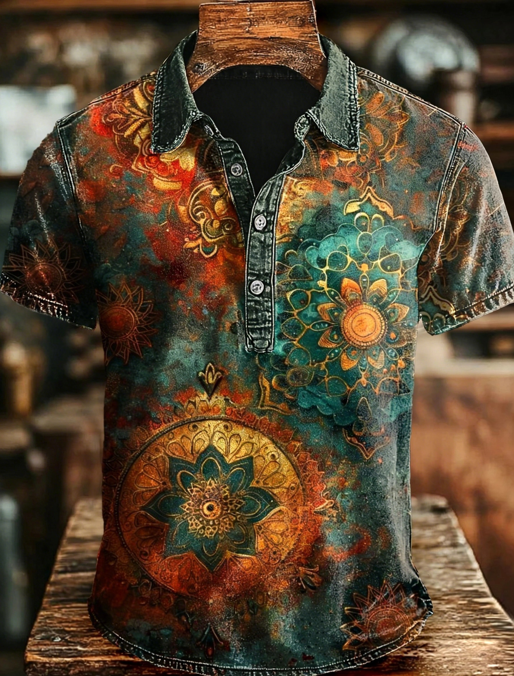 Retro Mandala Print Casaul Short SLeeve Polo Shirt