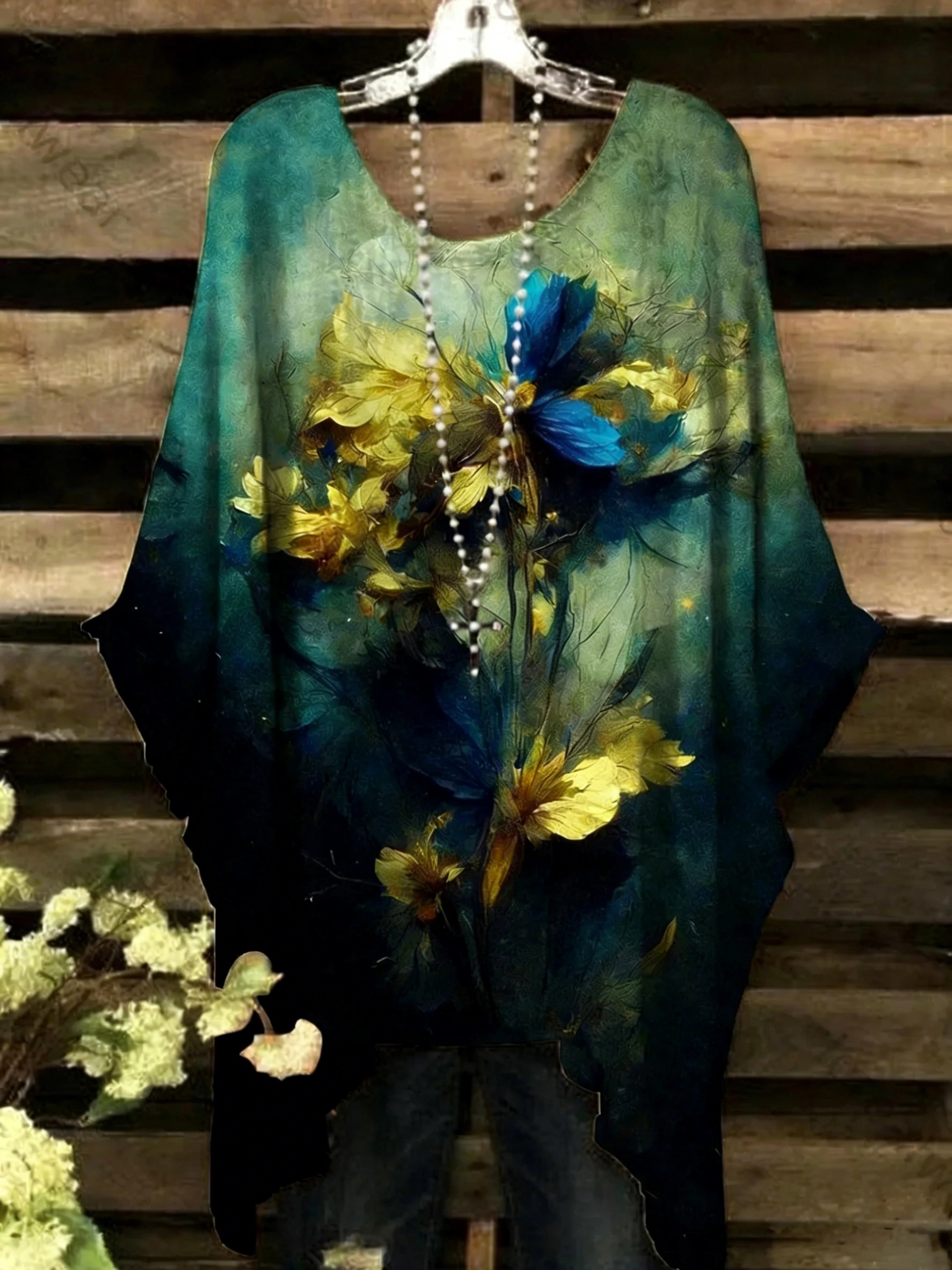 Women's Retro Oil Painting Floral Print Crew Neck Top