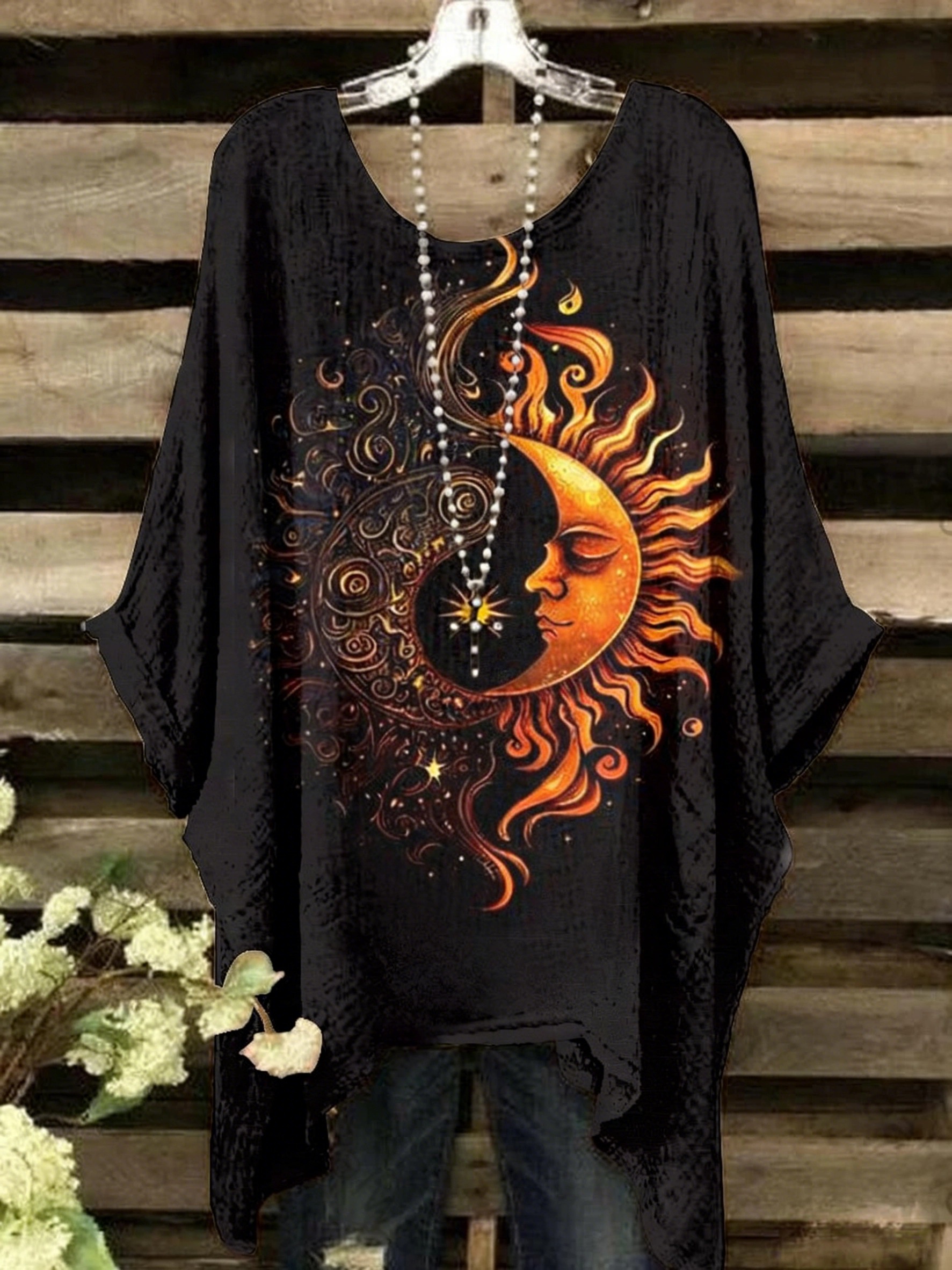 Women's Vintage Abstract Sun and Moon Pattern Crew Neck Top