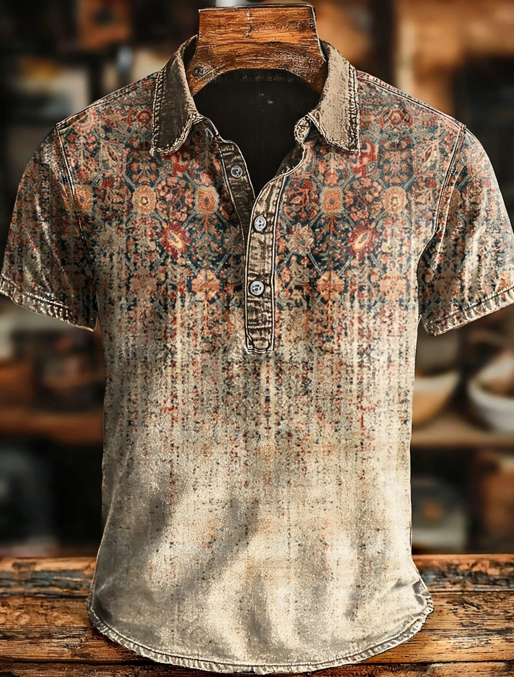 Retro Ethnic Gradient Art Print Casaul Short SLeeve Polo Shirt