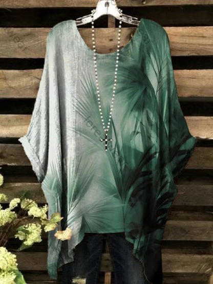 Women's Color-Blocked Leaf-Print Crew-Neck Top