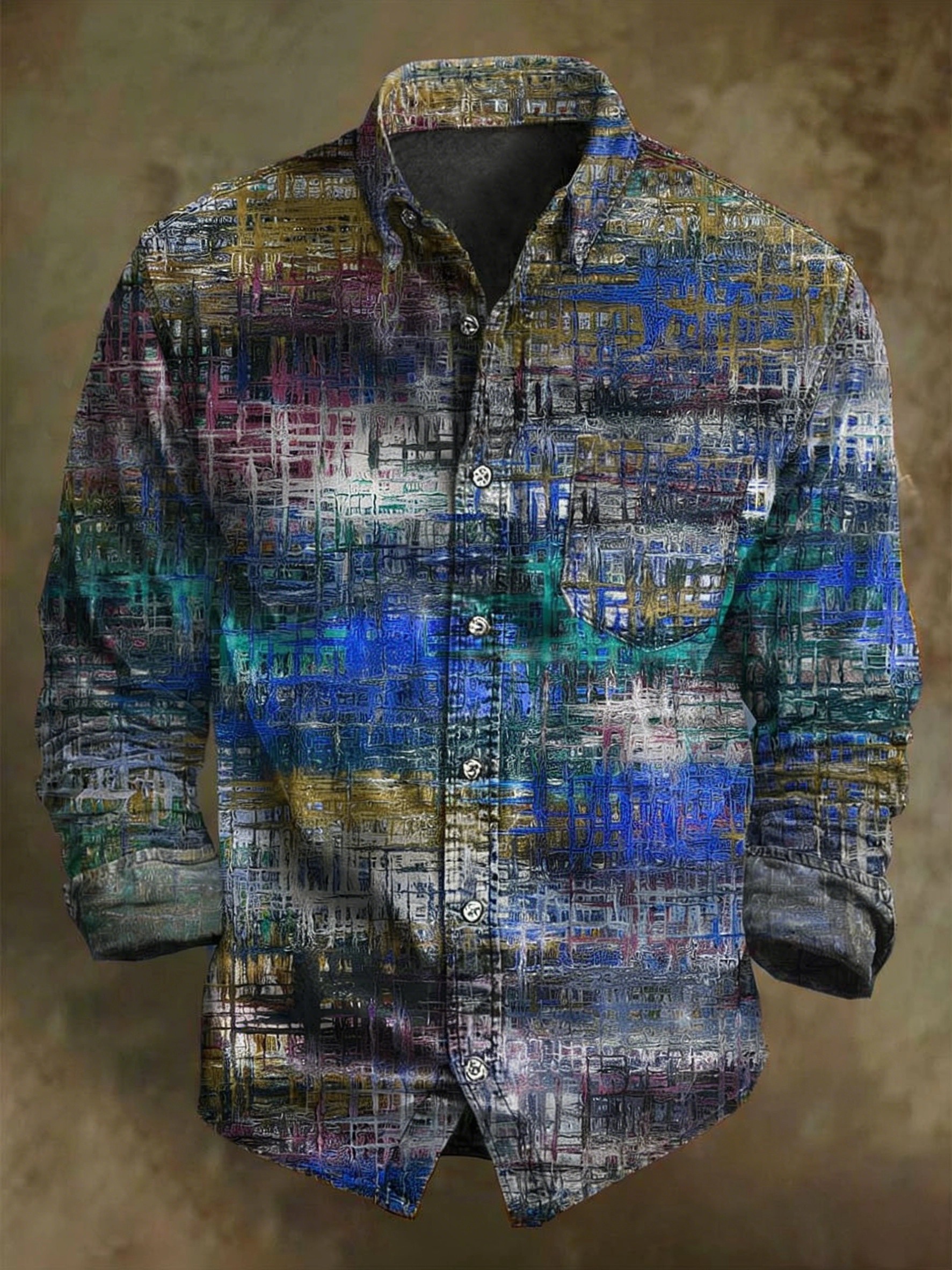Abstract Colored Glass Print Casual Long-Sleeve Shirt