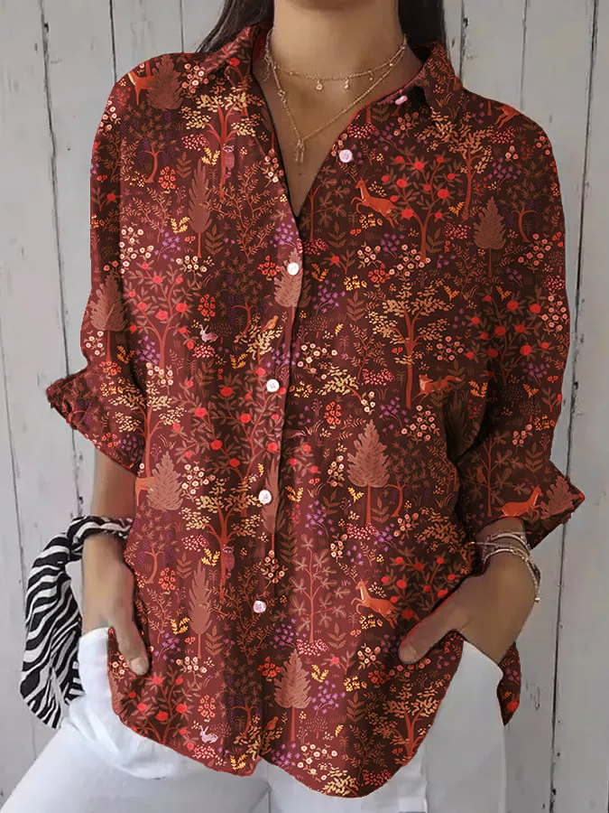 Women's casual retro forest print cotton and linen shirt