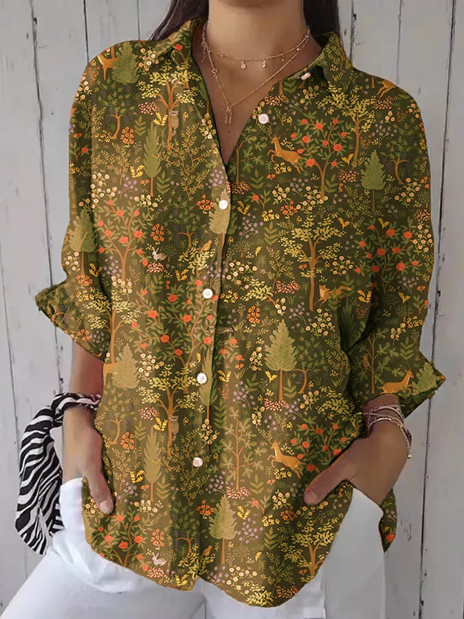 Women's casual retro forest print cotton and linen shirt