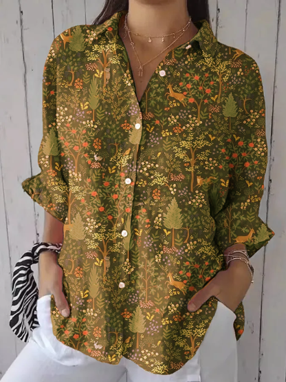 Women's casual retro forest print cotton and linen shirt