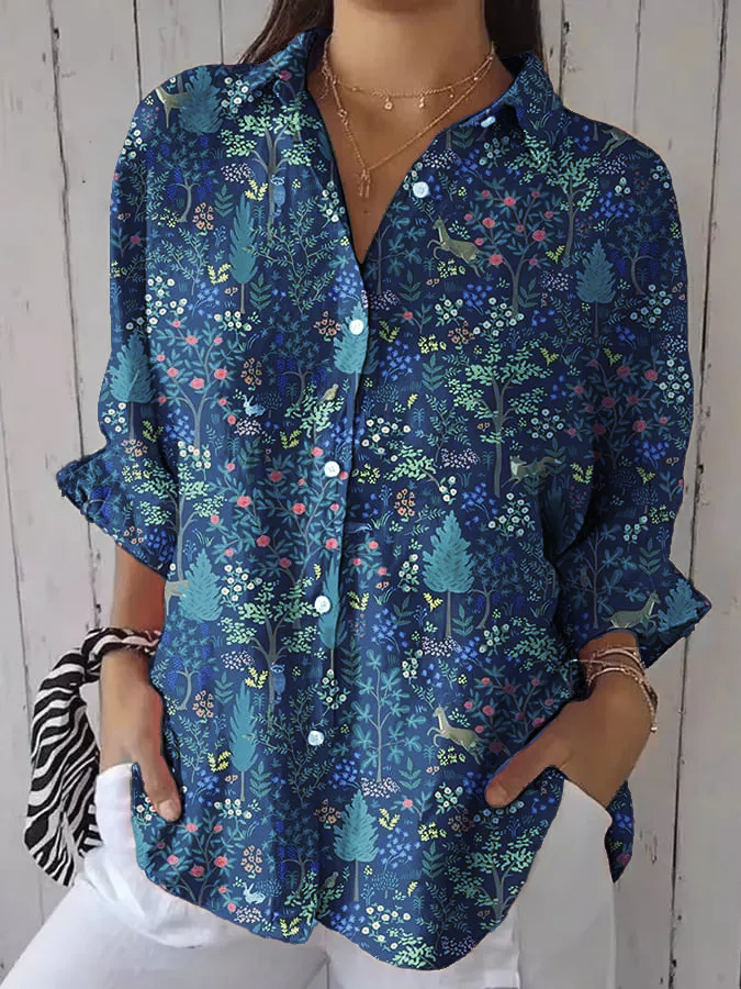 Women's casual retro forest print cotton and linen shirt