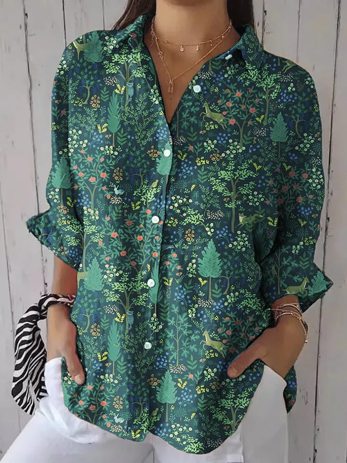 Women's casual retro forest print cotton and linen shirt