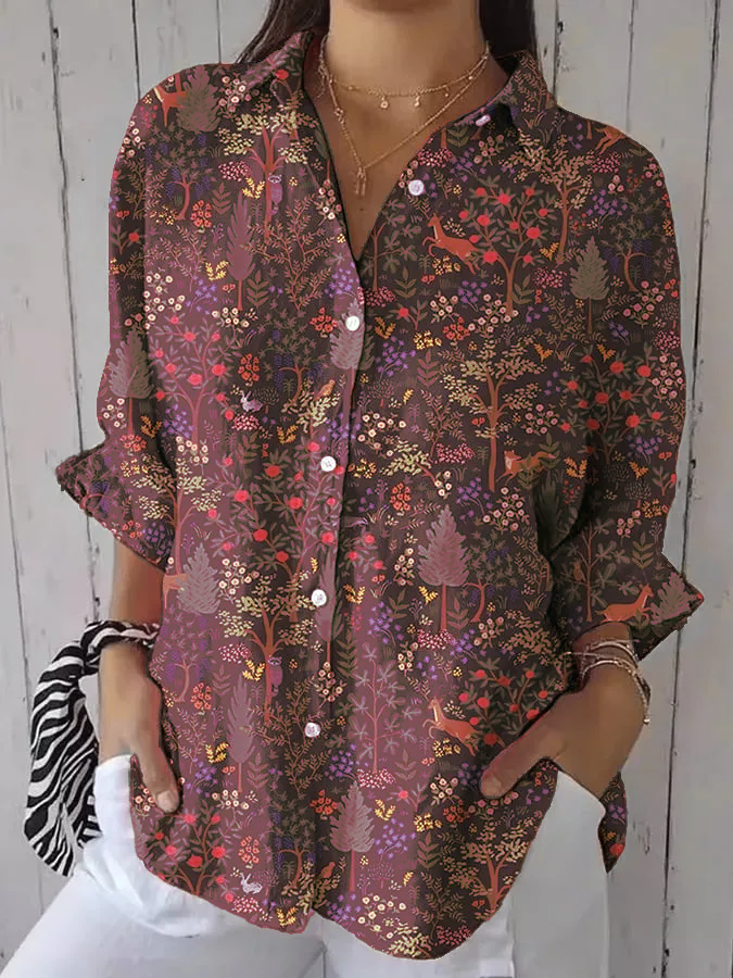 Women's casual retro forest print cotton and linen shirt
