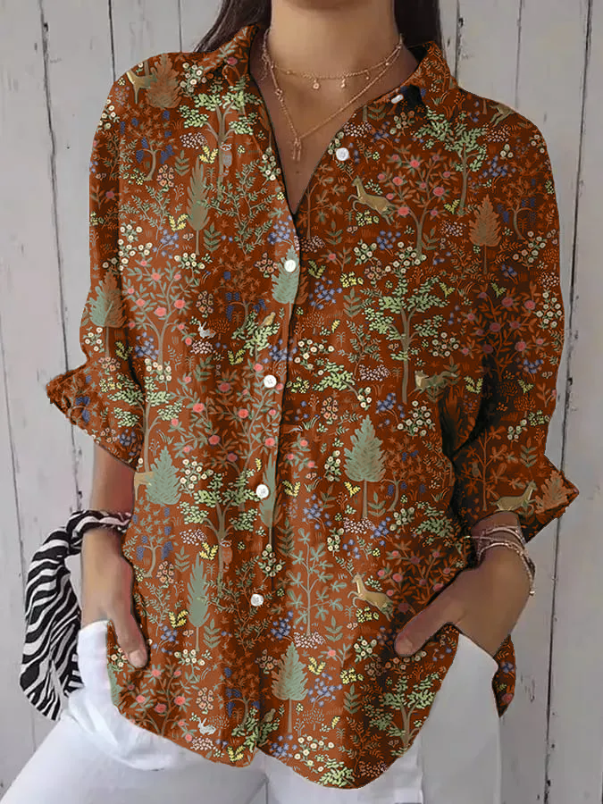 Women's casual retro forest print cotton and linen shirt